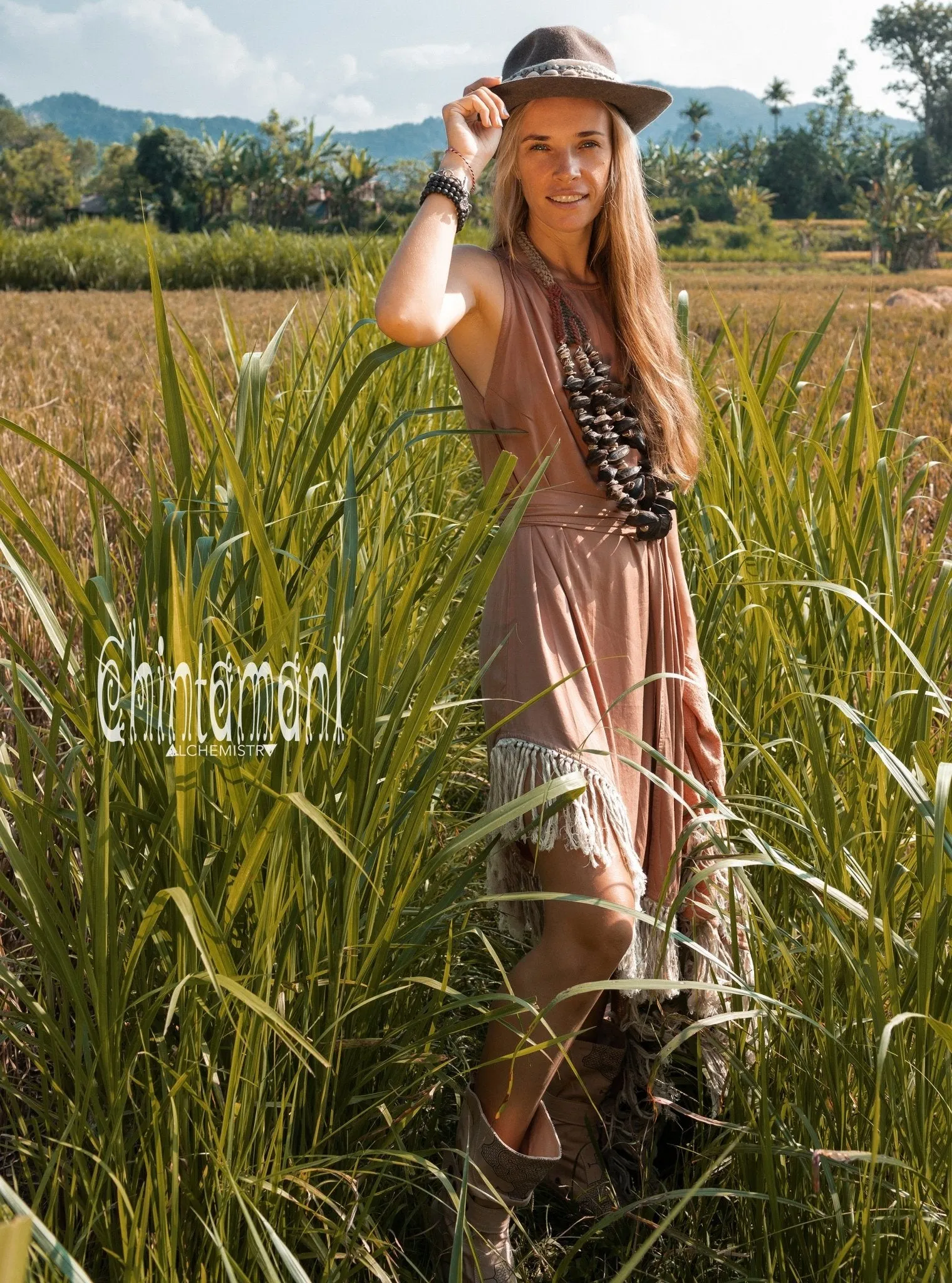 Cotton Corner Fringe Dress for Women / Dusty Pink