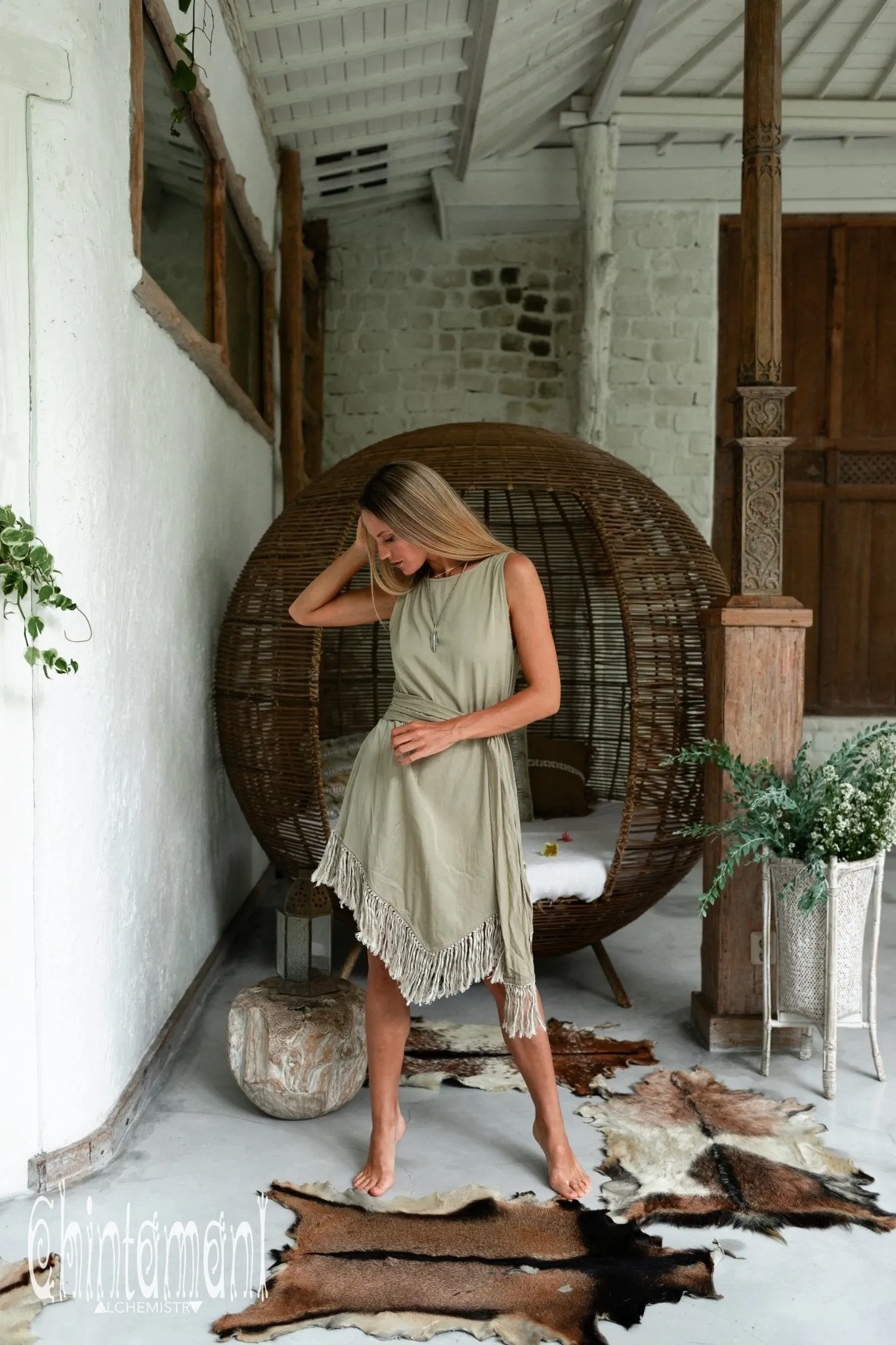 Cotton Corner Fringe Dress for Women / Sage Green