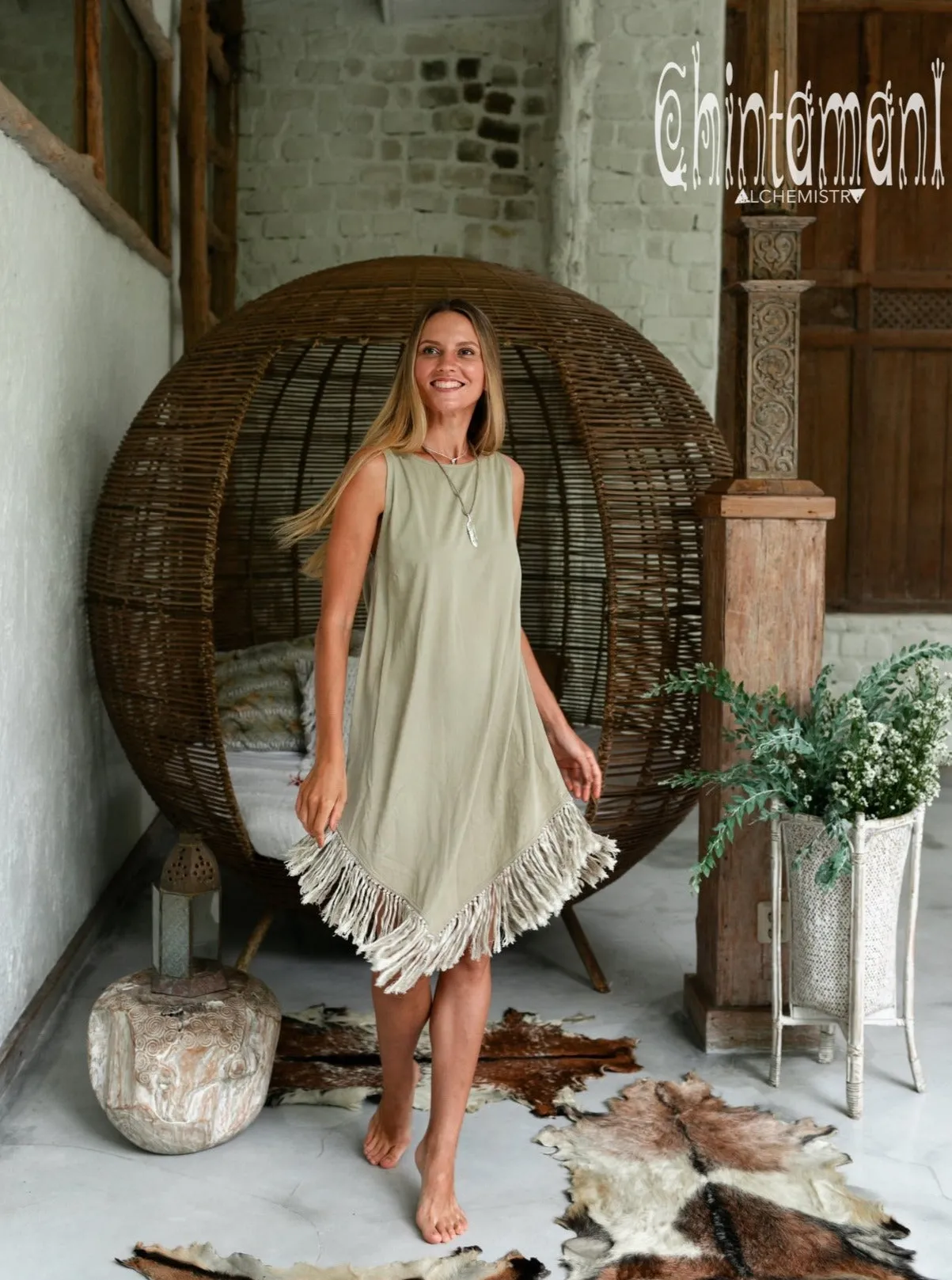 Cotton Corner Fringe Dress for Women / Sage Green