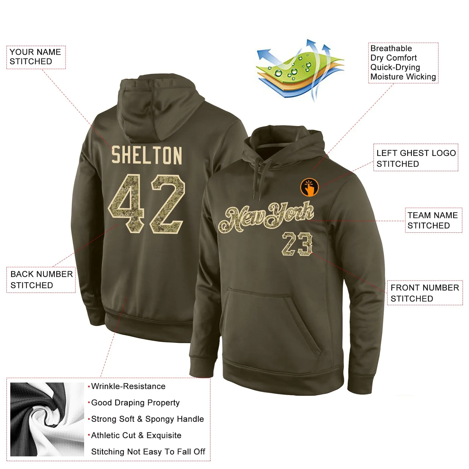 Custom Stitched Olive Camo-Cream Sports Pullover Sweatshirt Salute To Service Hoodie