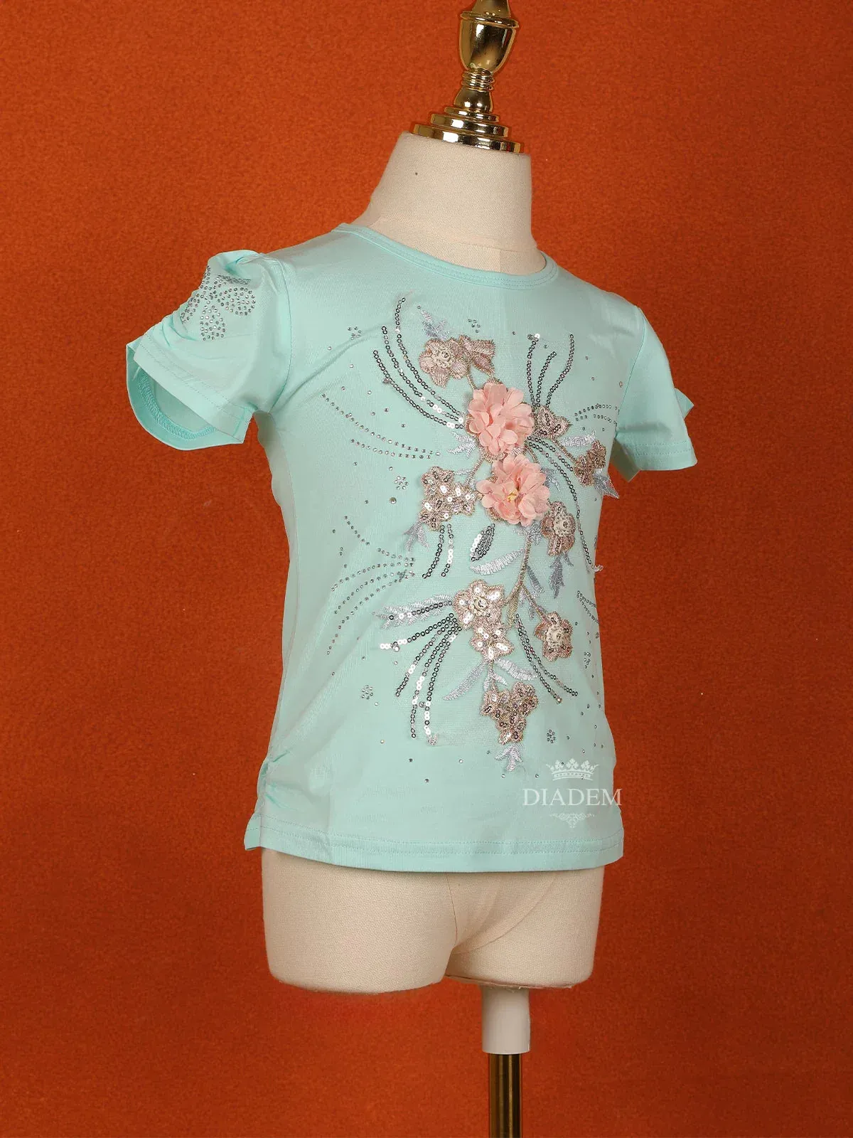 Cyan Blue Cotton Half Sleeve T-Shirt for Girls