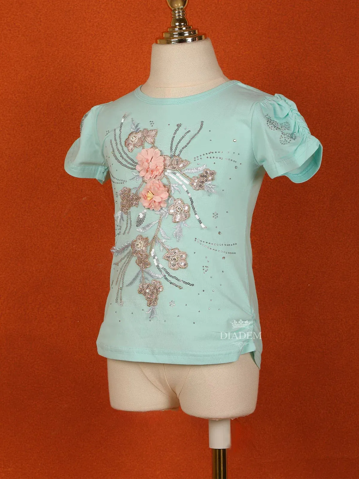 Cyan Blue Cotton Half Sleeve T-Shirt for Girls