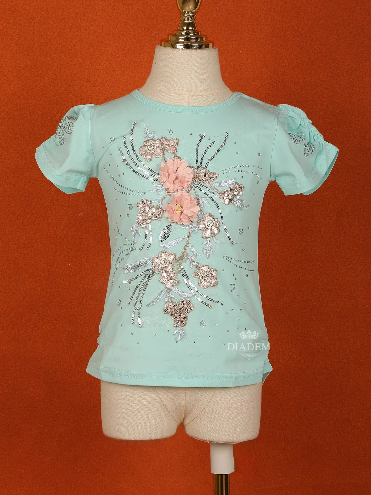 Cyan Blue Cotton Half Sleeve T-Shirt for Girls