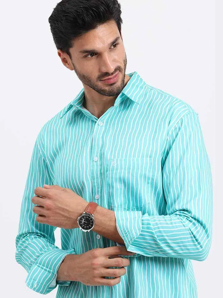 Cyan Stripe Printed Full Sleeve Shirt