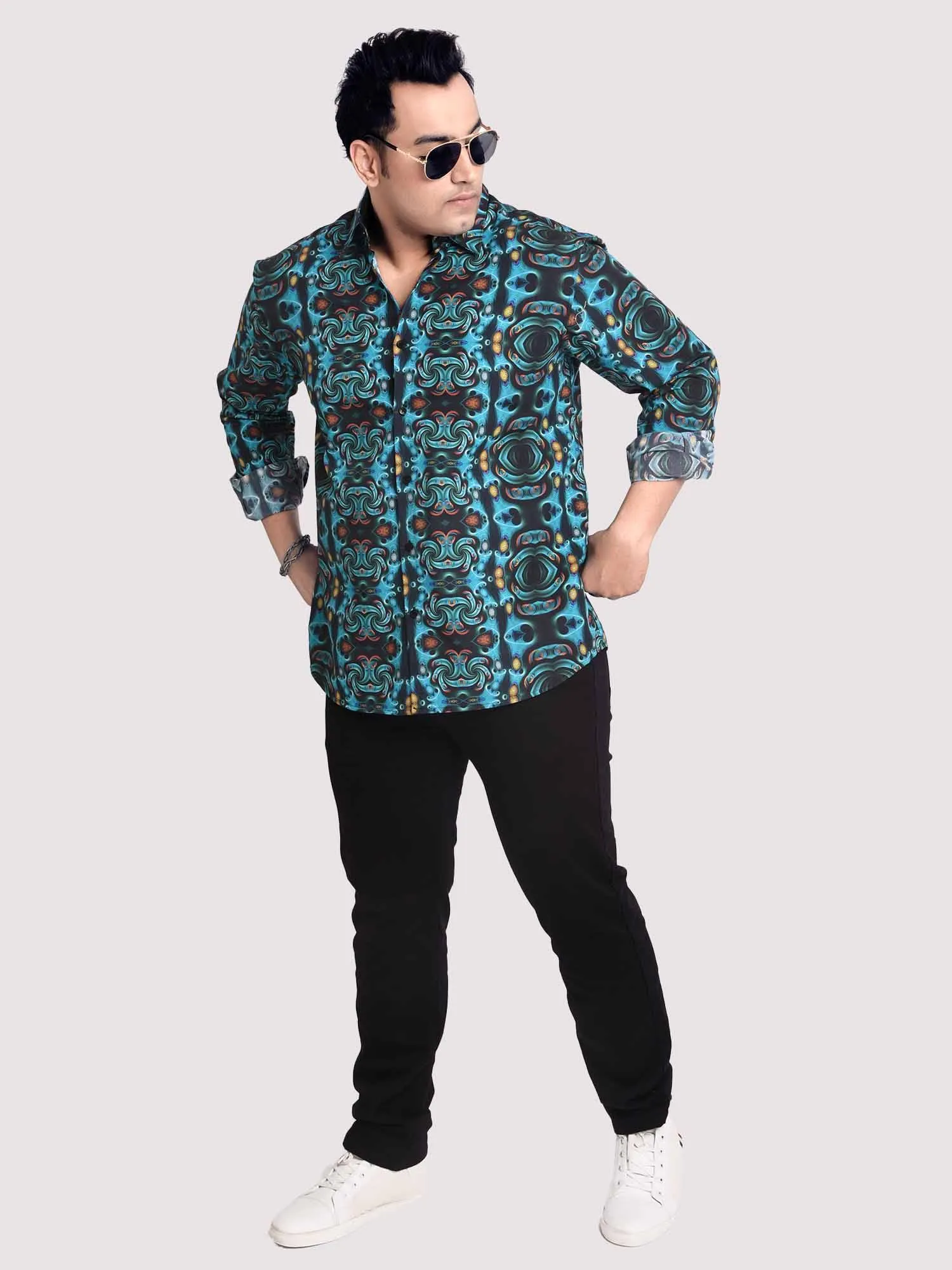 Cyan Symmetric Printed Cotton Full sleeve Men's Plus size