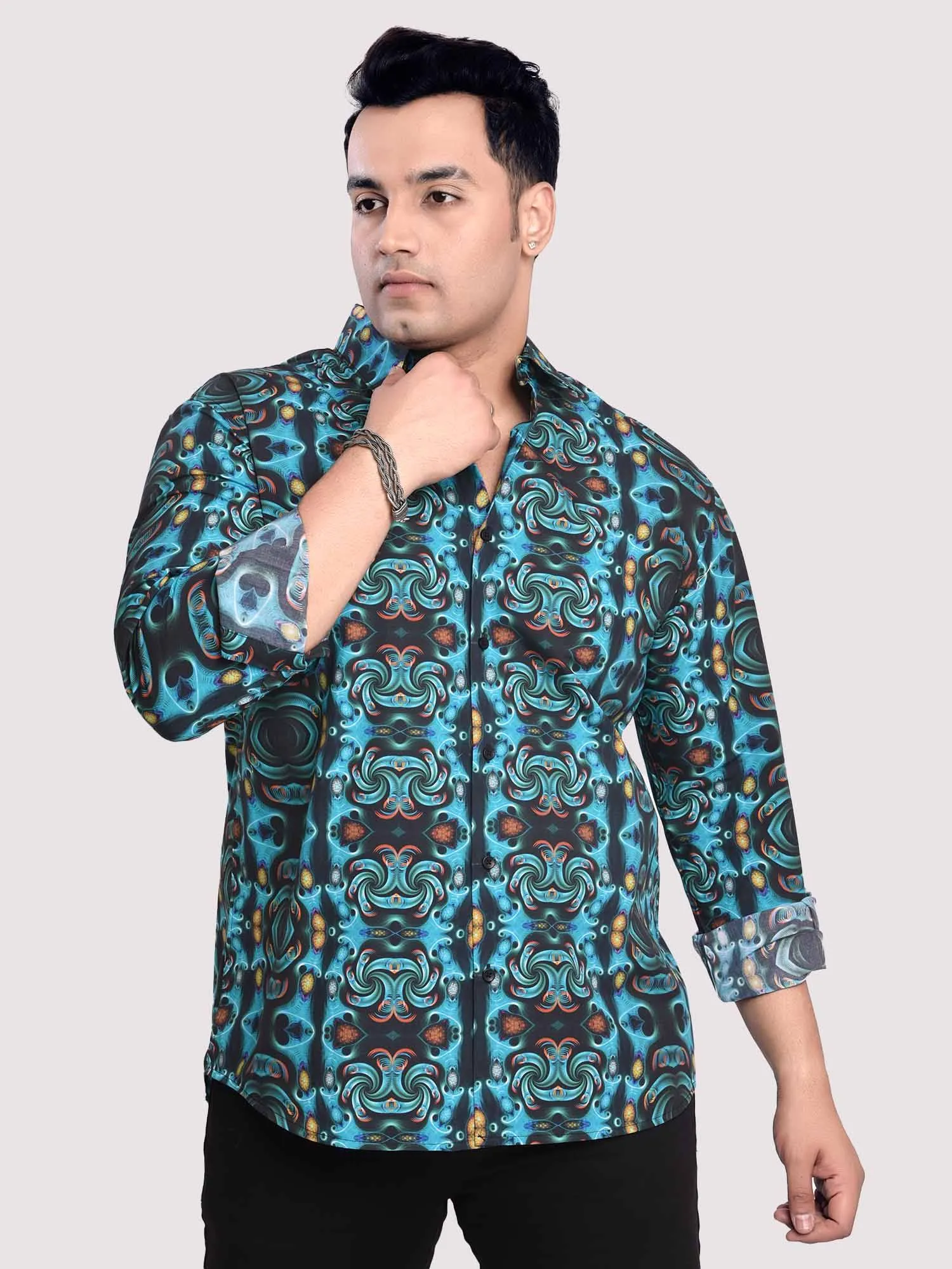 Cyan Symmetric Printed Cotton Full sleeve Men's Plus size