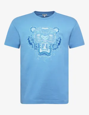 Cyan Tiger Embroidery T-Shirt -