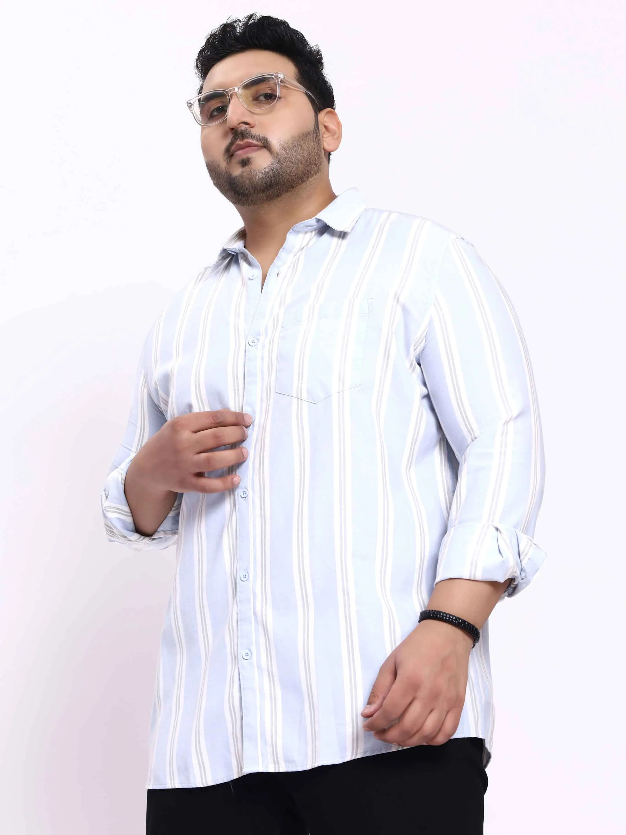 Cyan White Striped Plus Size Shirt