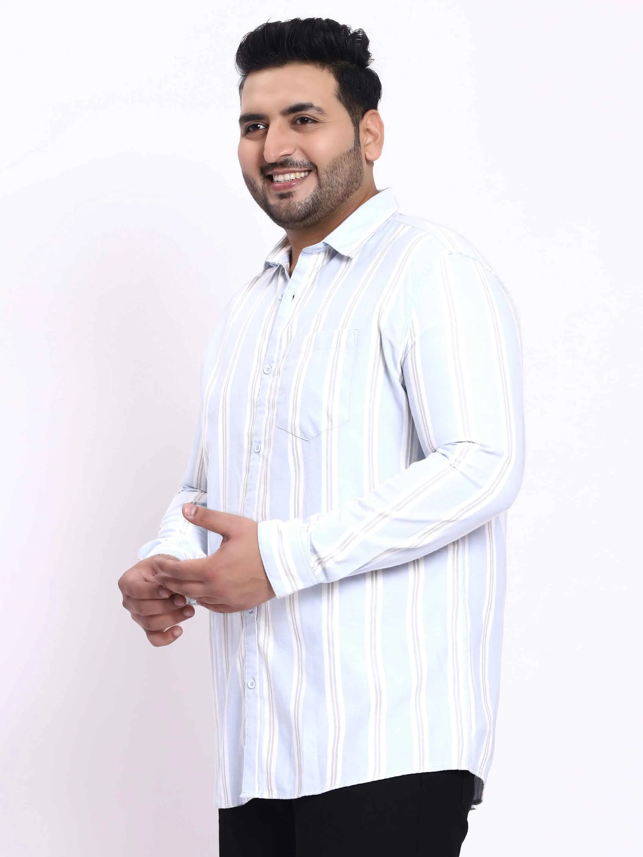 Cyan White Striped Plus Size Shirt