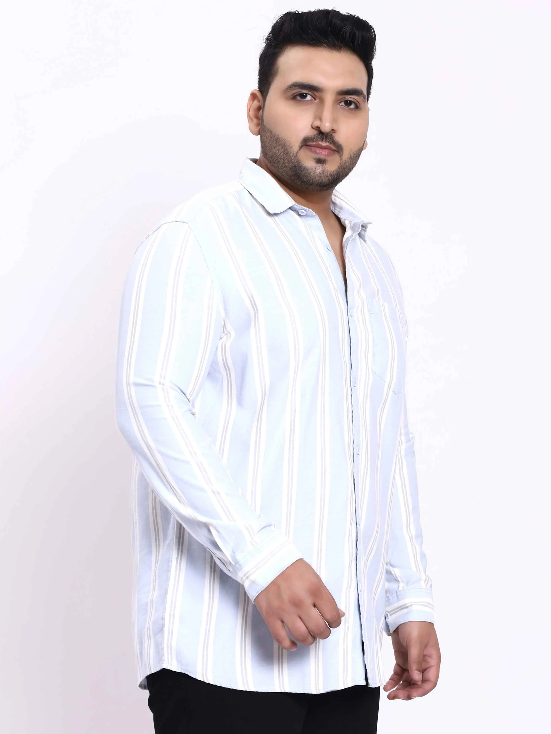 Cyan White Striped Plus Size Shirt