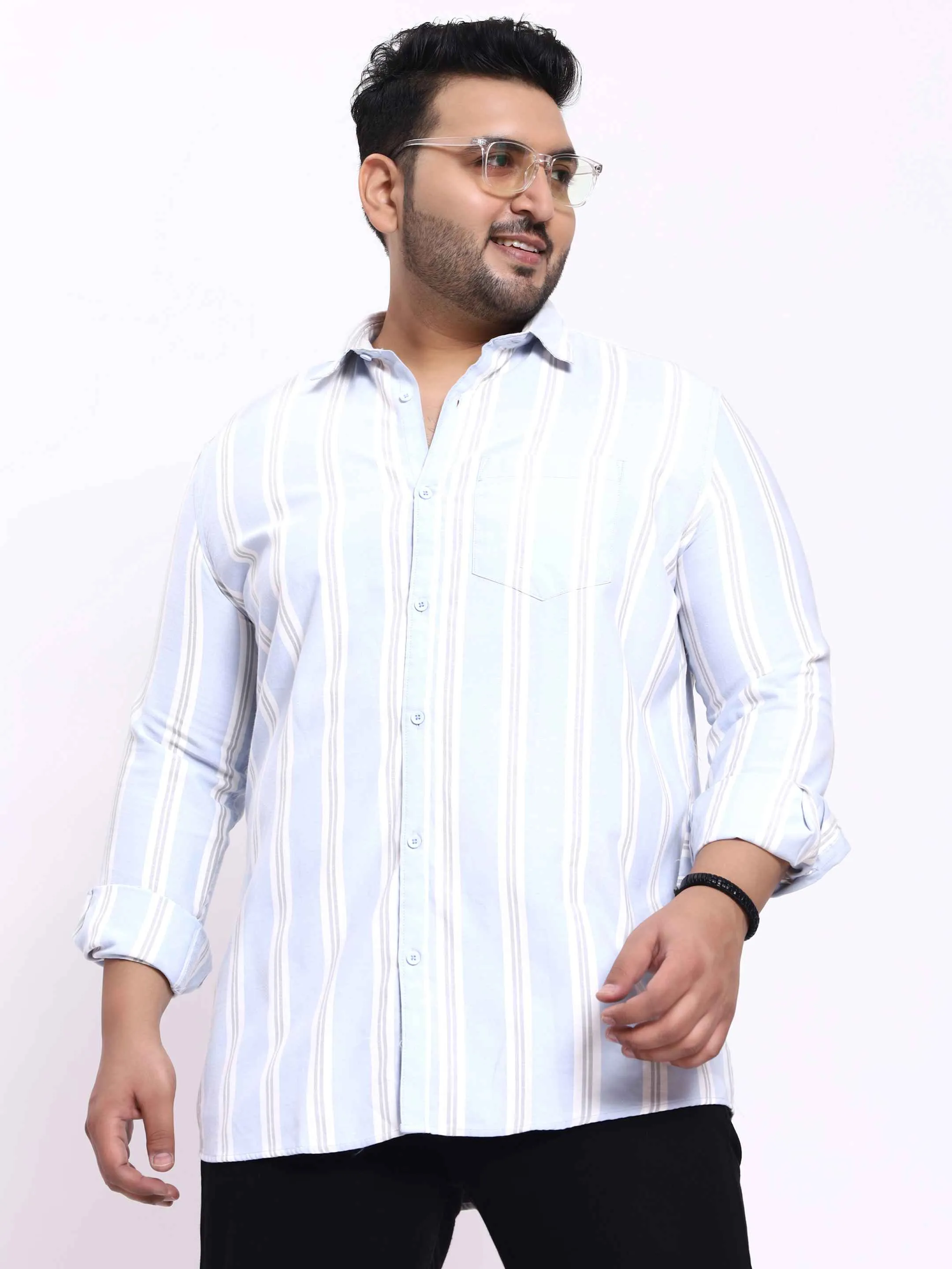 Cyan White Striped Plus Size Shirt