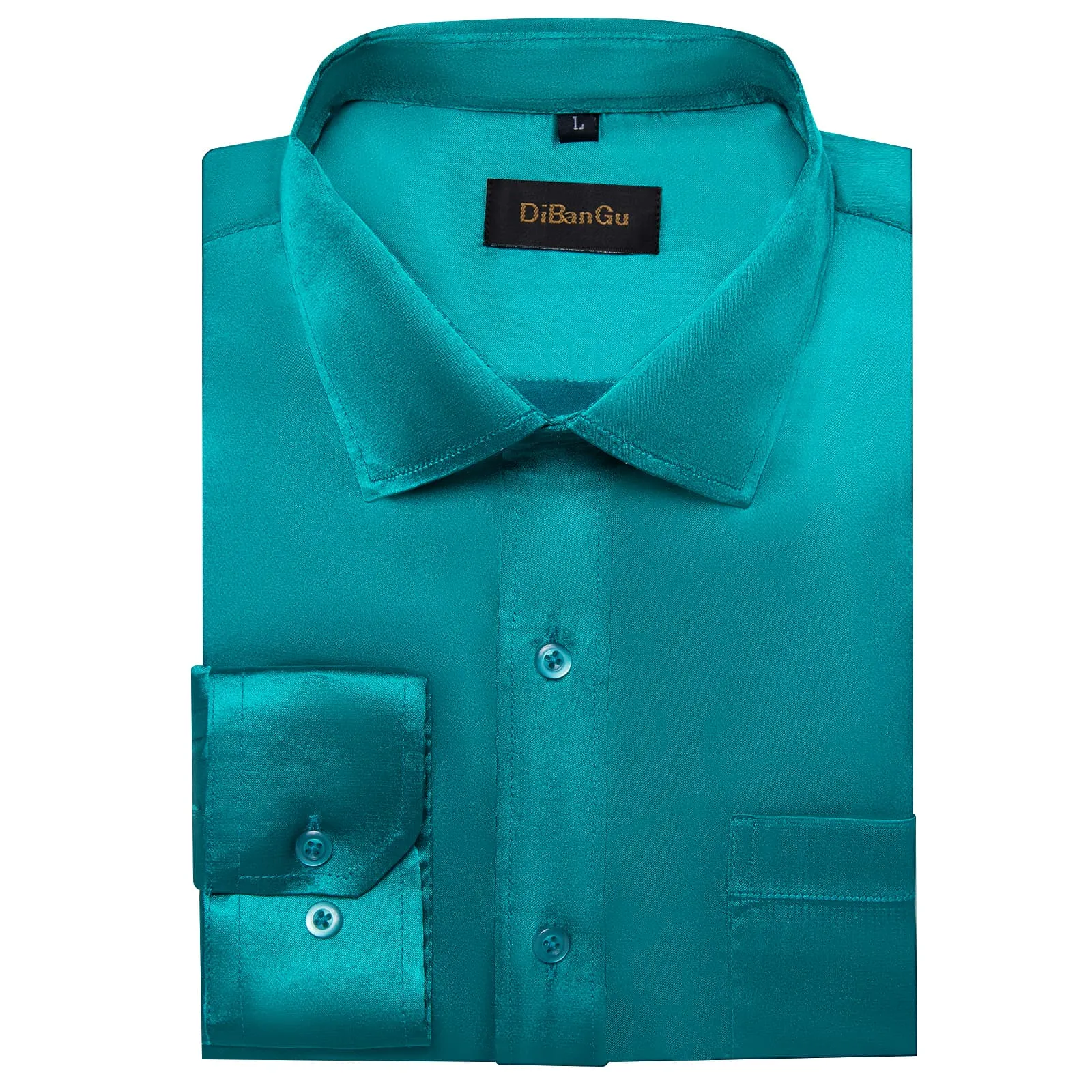 DiBanGu Long Sleeve Shirt Dark Cyan Solid Silk Satin Mens Dress Shirt