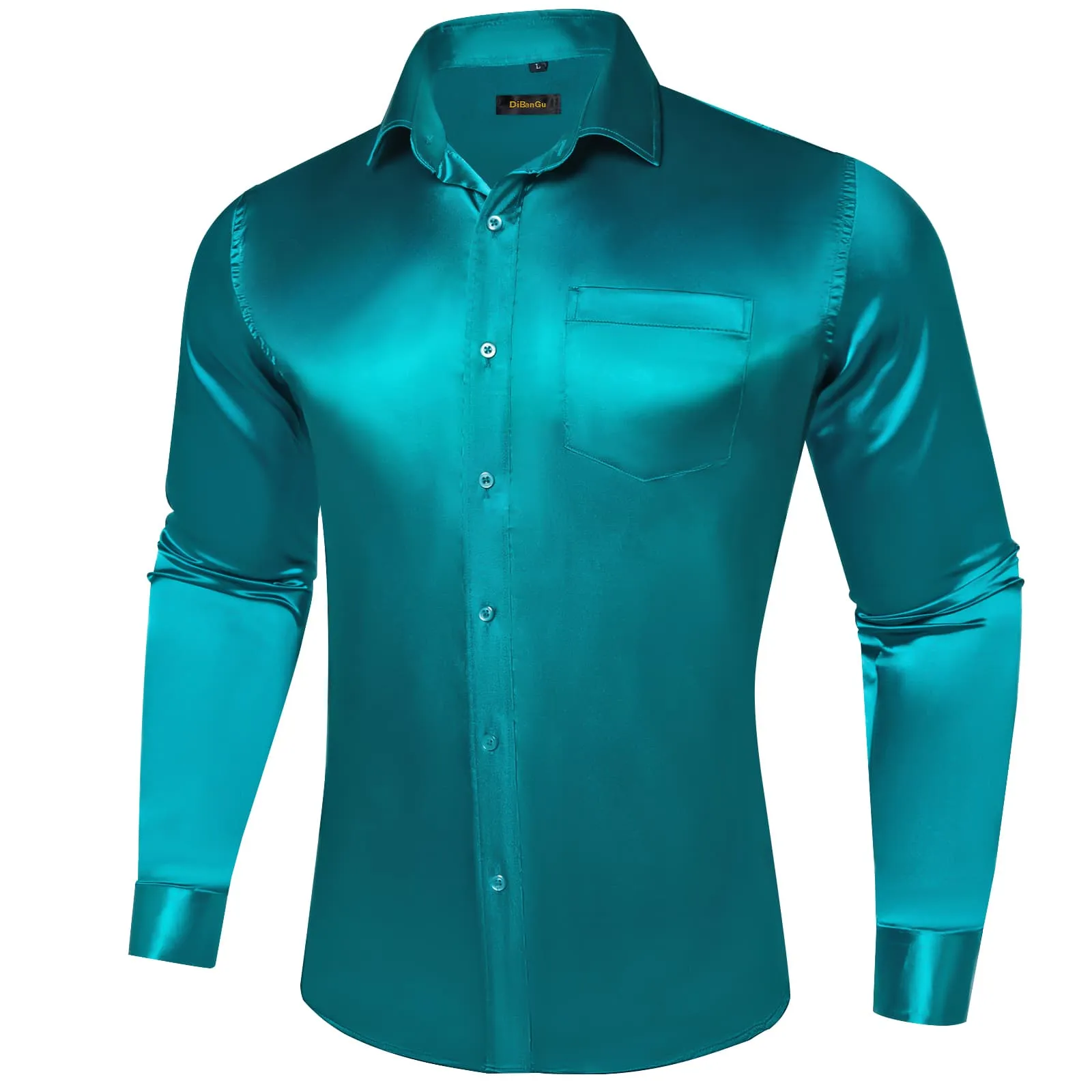 DiBanGu Long Sleeve Shirt Dark Cyan Solid Silk Satin Mens Dress Shirt