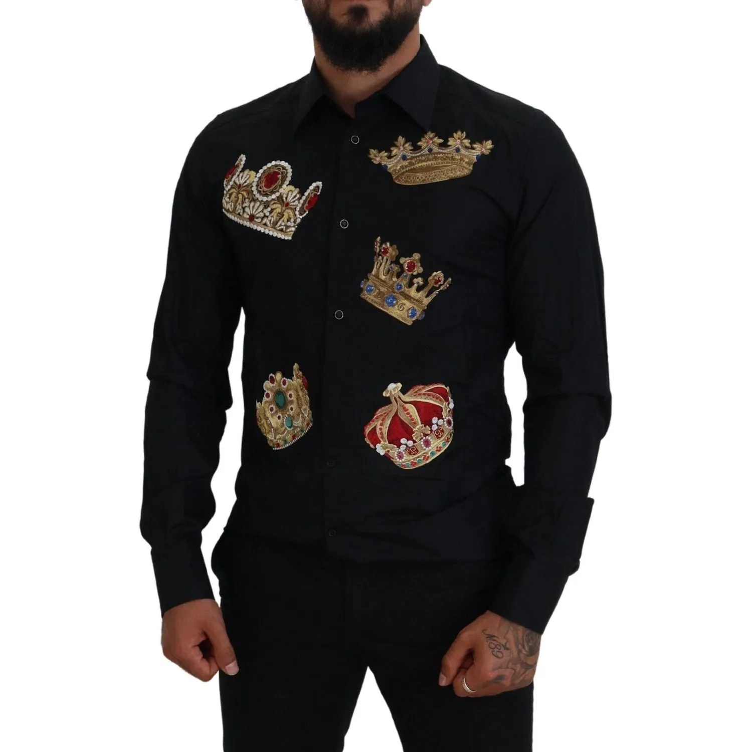 Dolce & Gabbana Elegant Black Slim Fit Dress Shirt with Crown Embroidery