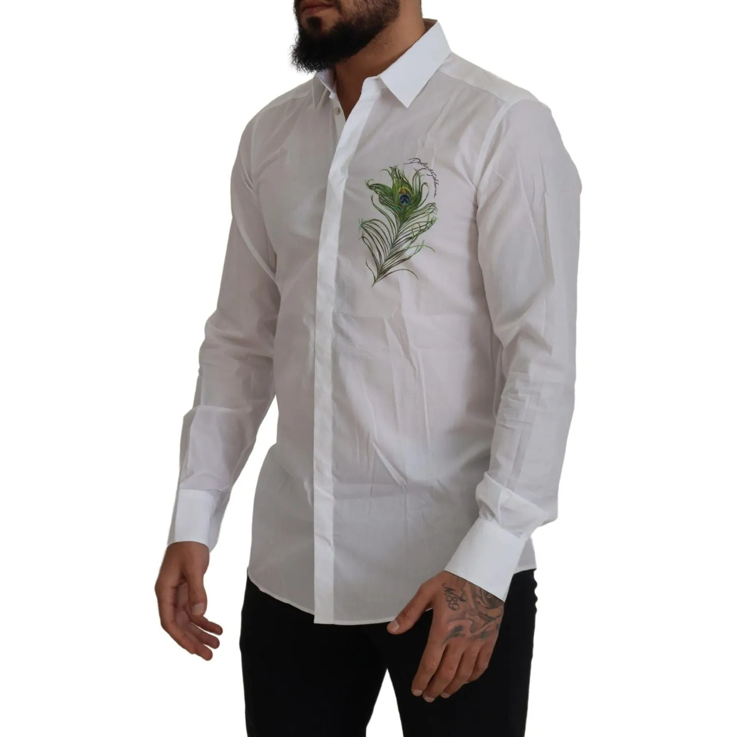 Dolce & Gabbana Elegant White Peacock Feather Dress Shirt