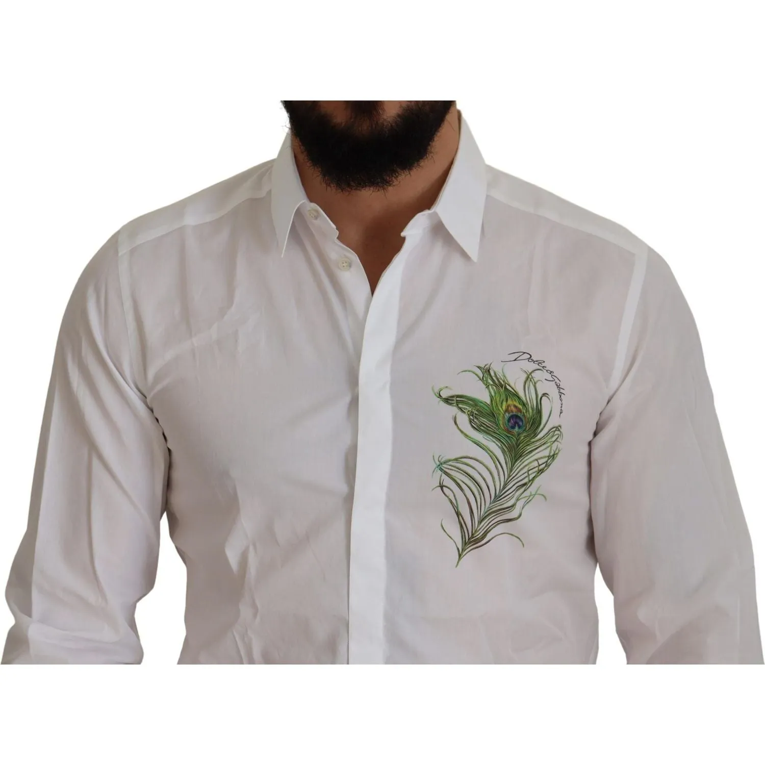 Dolce & Gabbana Elegant White Peacock Feather Dress Shirt