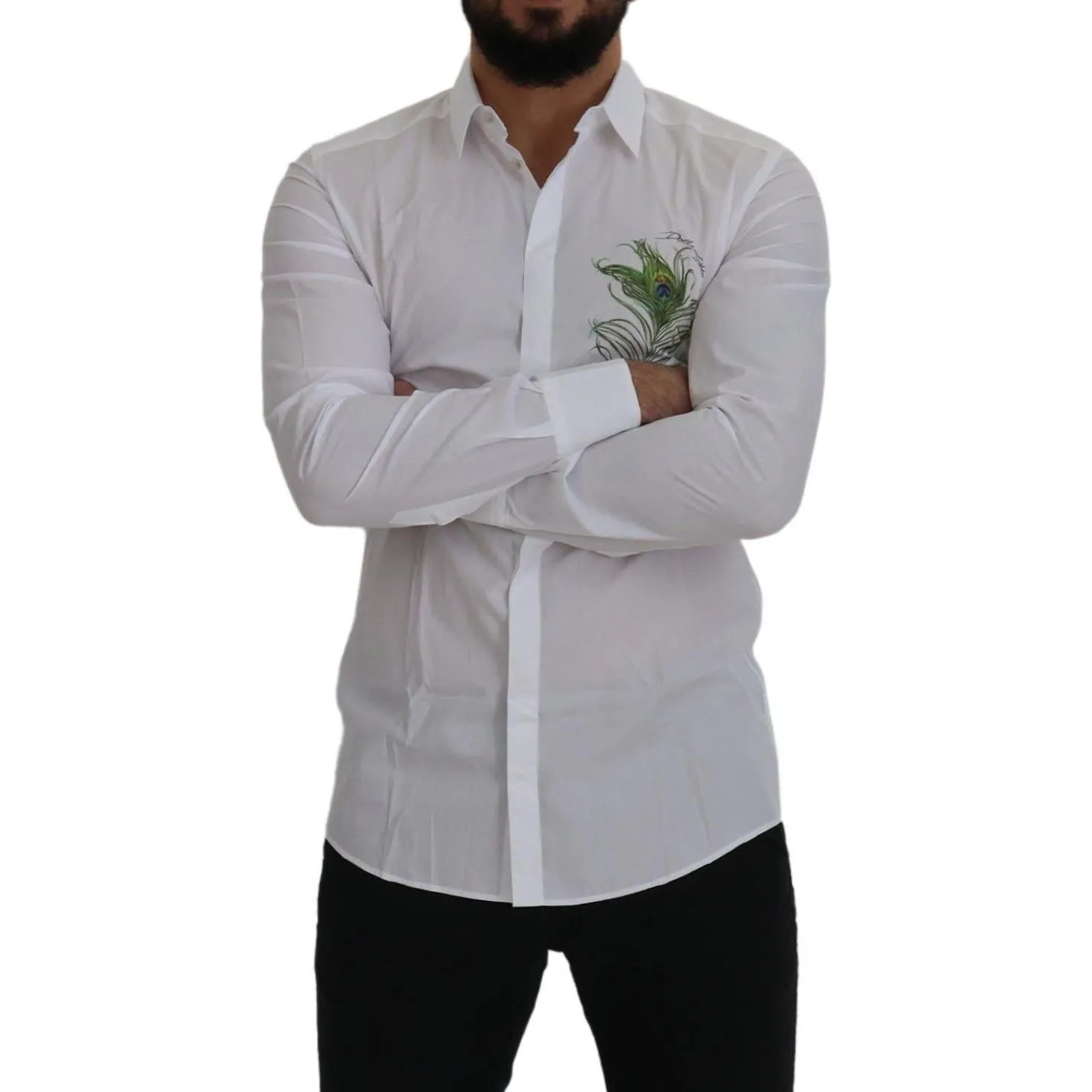 Dolce & Gabbana Elegant White Peacock Feather Dress Shirt