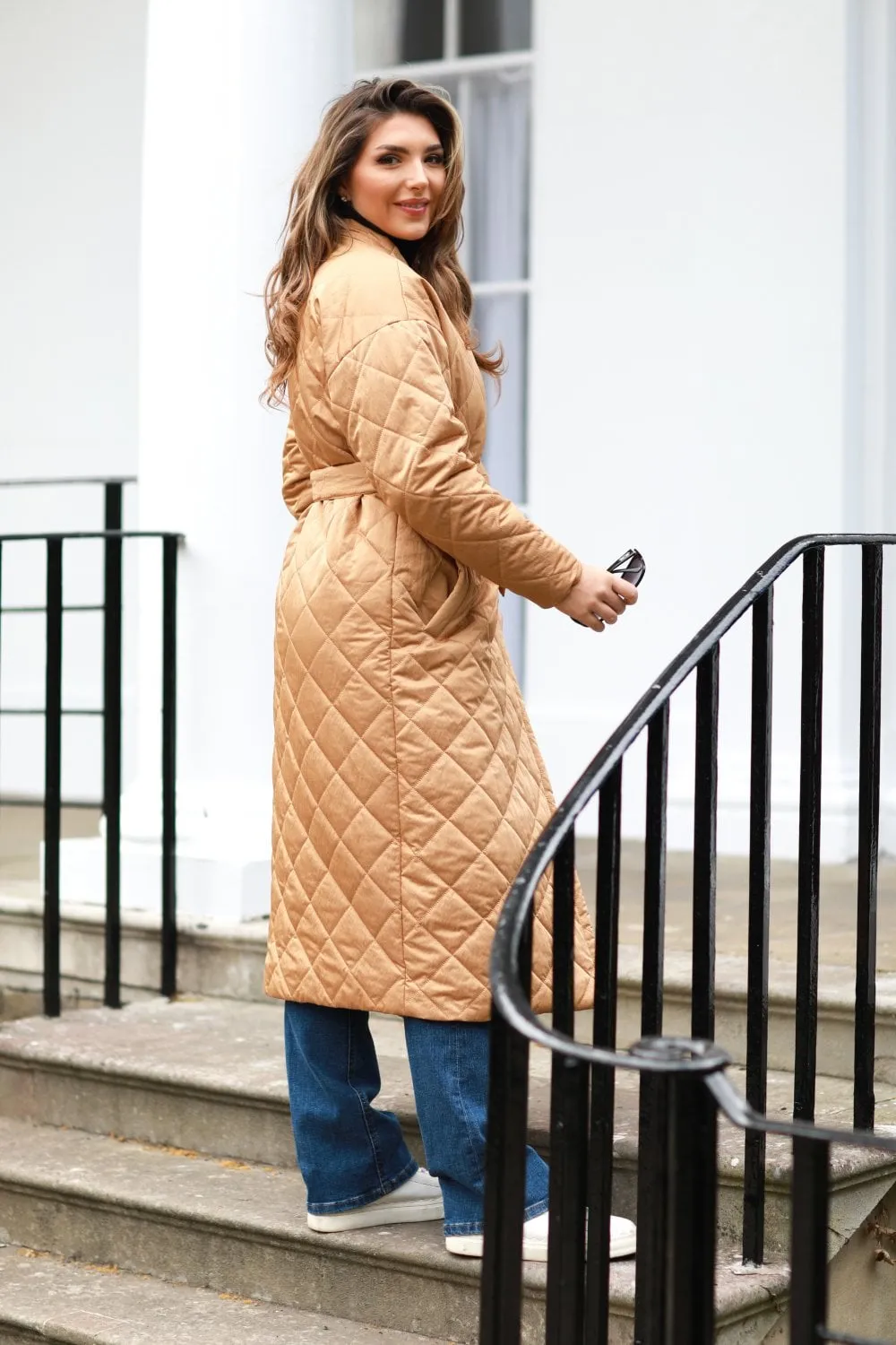 Double Second Camel Oversized Quilted Longline Wrap Coat