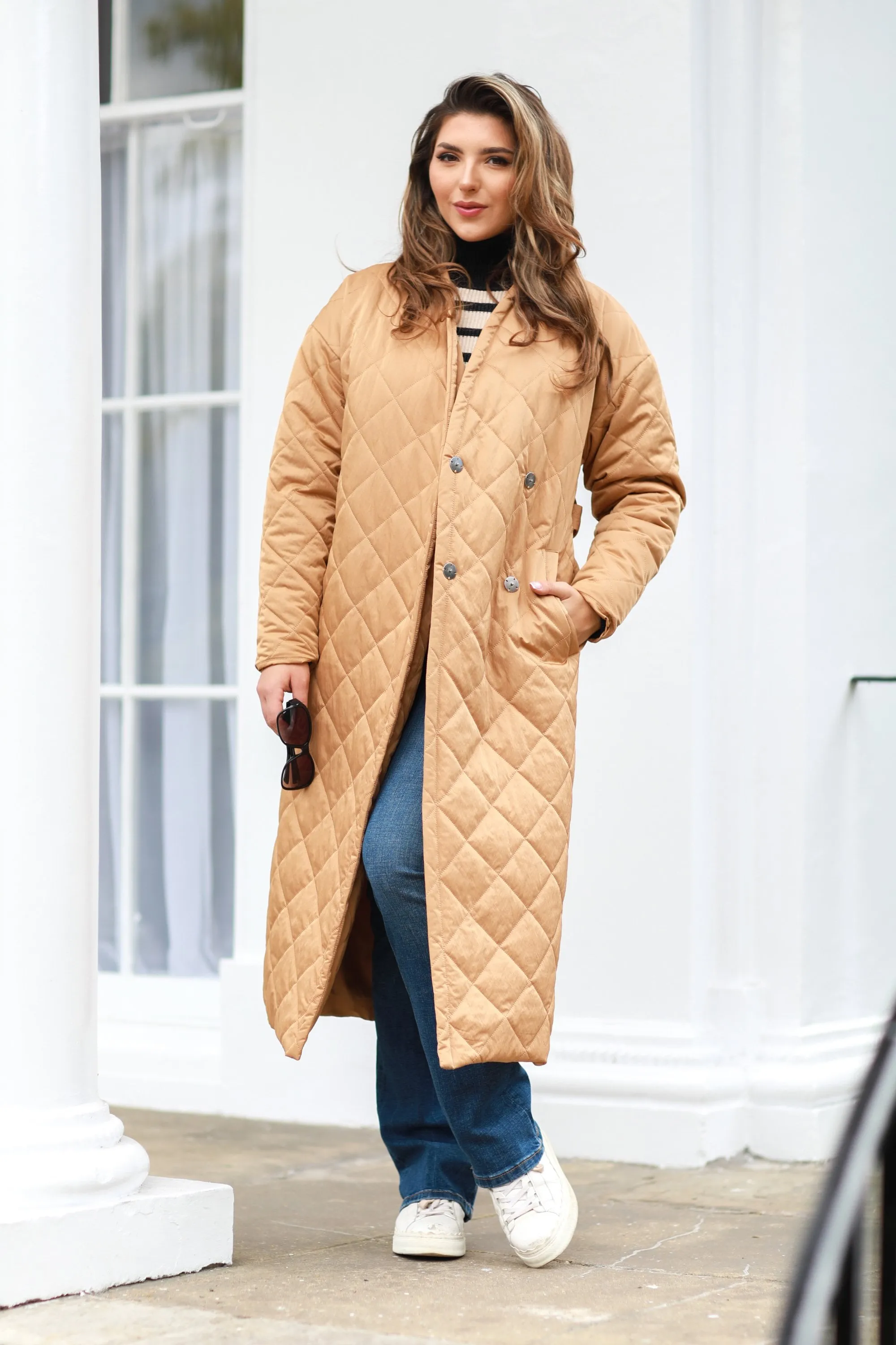 Double Second Camel Oversized Quilted Longline Wrap Coat