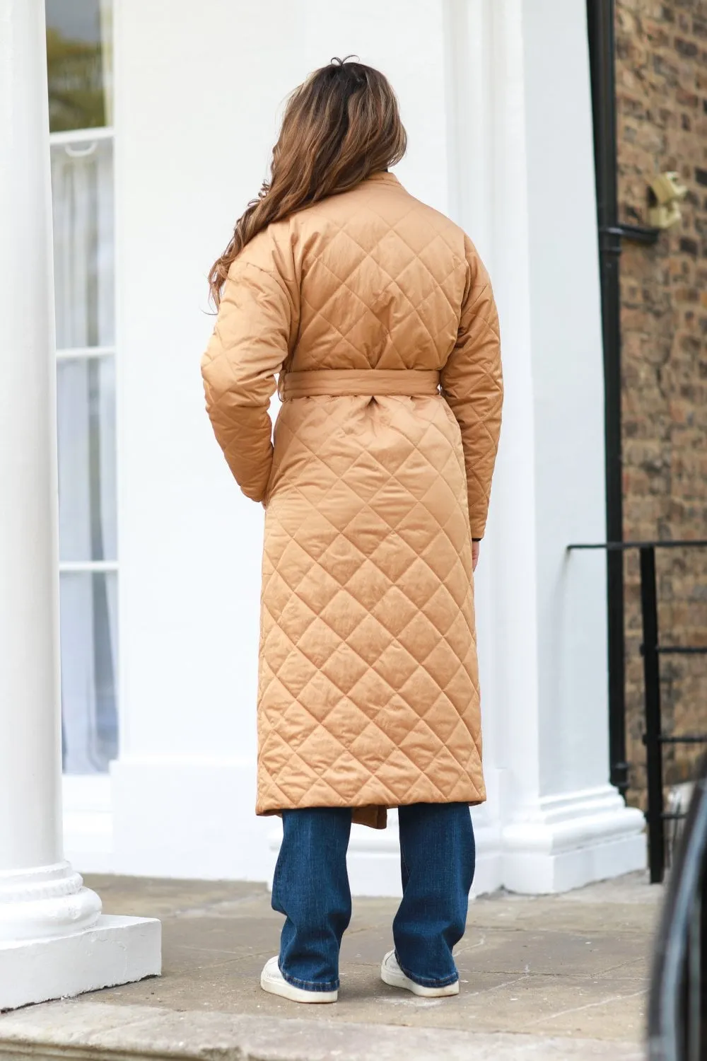 Double Second Camel Oversized Quilted Longline Wrap Coat