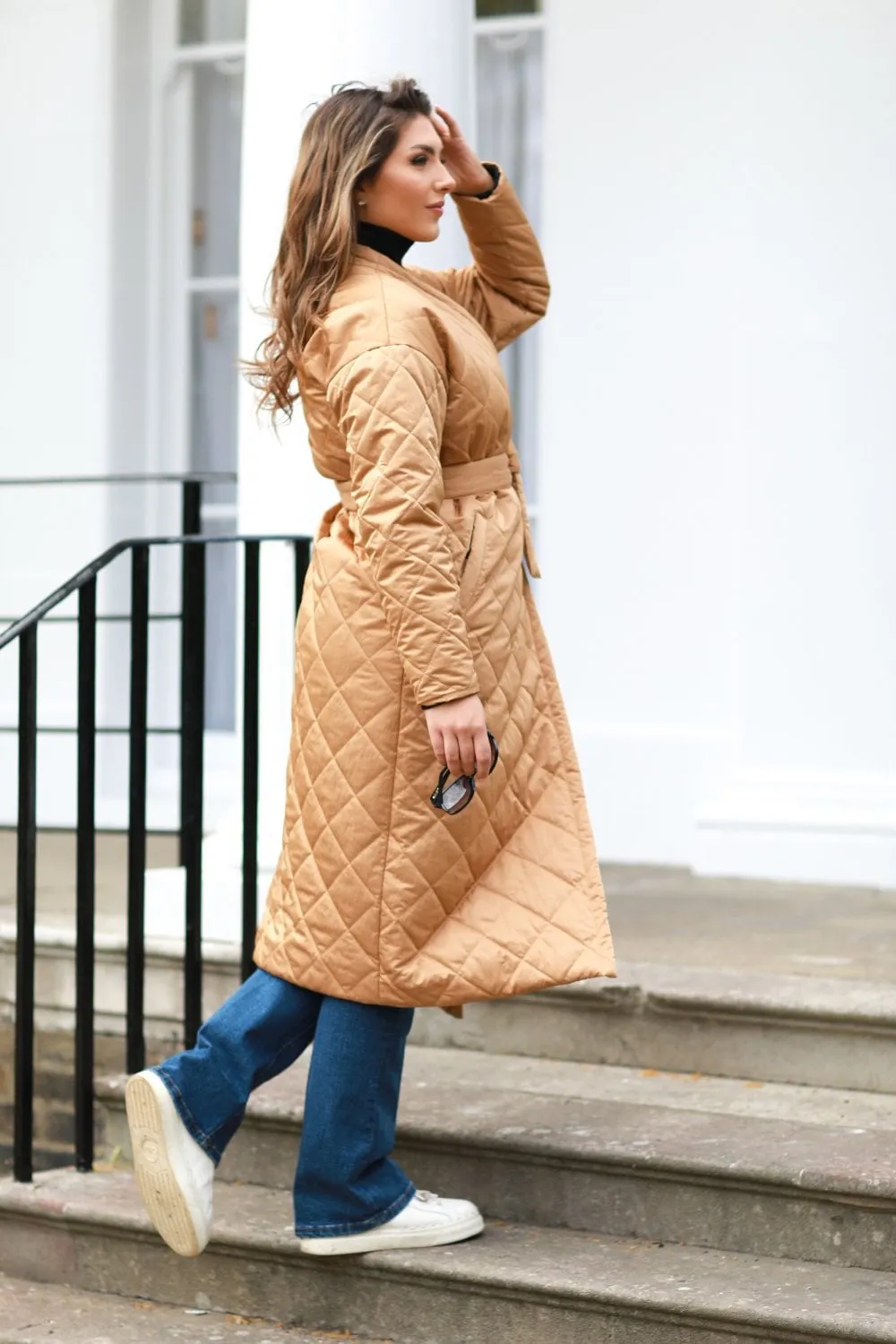 Double Second Camel Oversized Quilted Longline Wrap Coat