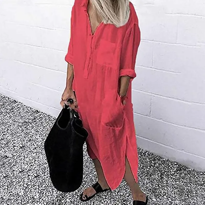 Elegant Solid Color Slit Shirt Dress