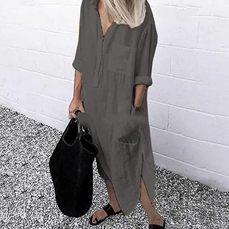 Elegant Solid Color Slit Shirt Dress