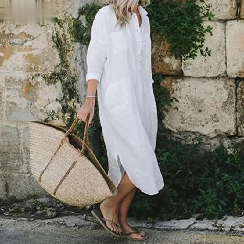 Elegant Solid Color Slit Shirt Dress