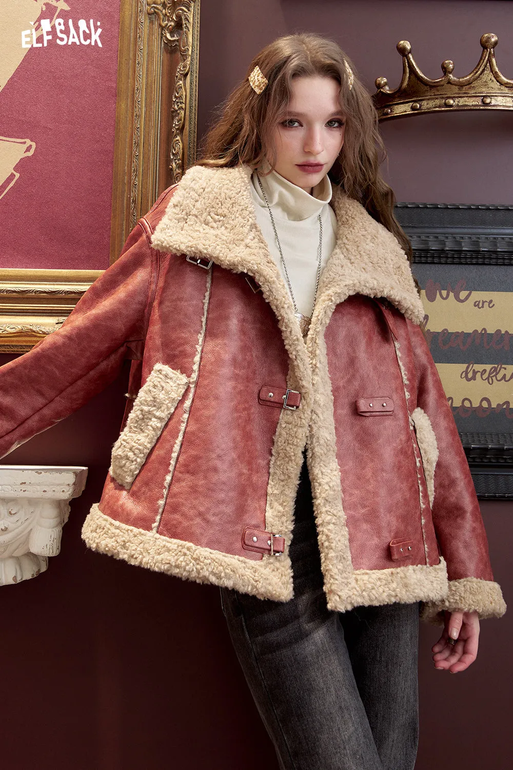 ELFSACK 2024 Winter New Arrivals Retro red fur patchwork thickened coat for women