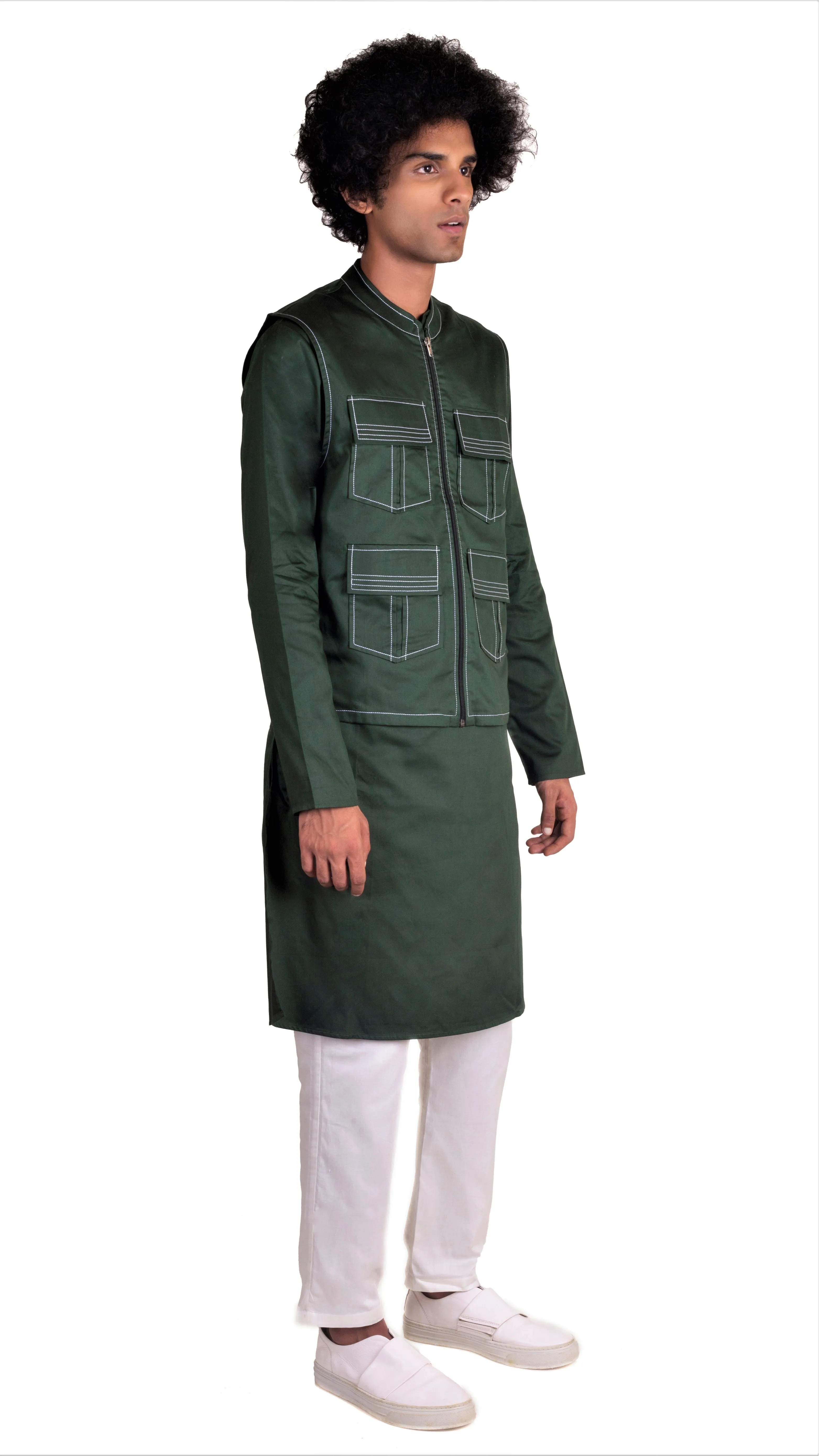 EMERALD GREEN 4 POCKETED SHACKET & KURTA MONOCHROME SET