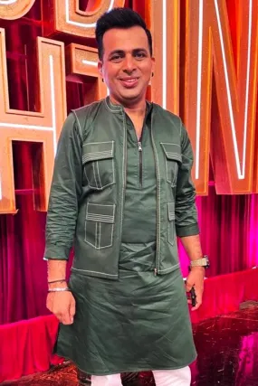 EMERALD GREEN 4 POCKETED SHACKET & KURTA MONOCHROME SET