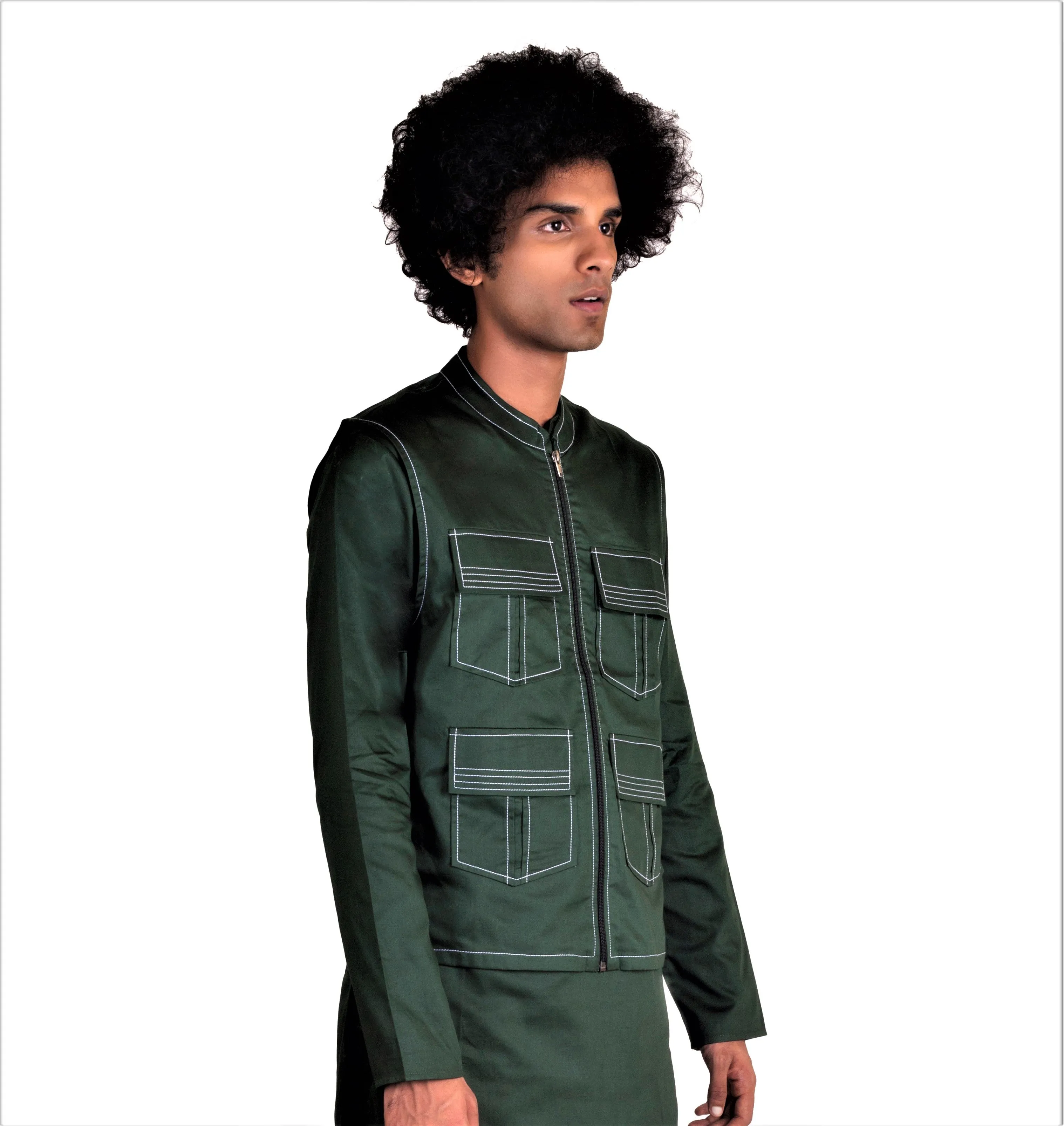 EMERALD GREEN 4 POCKETED SHACKET & KURTA MONOCHROME SET