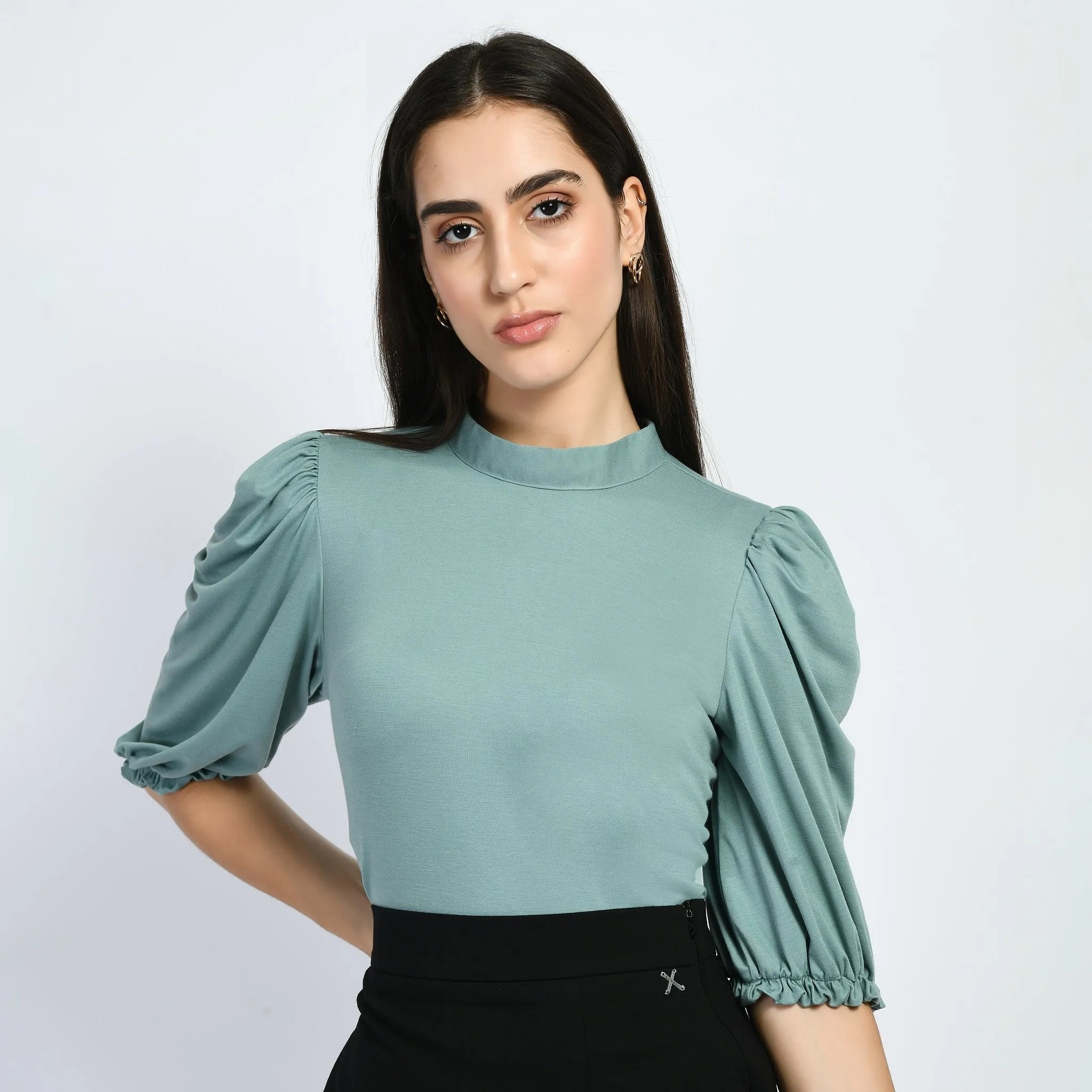 Exude Glamour Puffed Sleeves T-shirt (Cyan Blue)