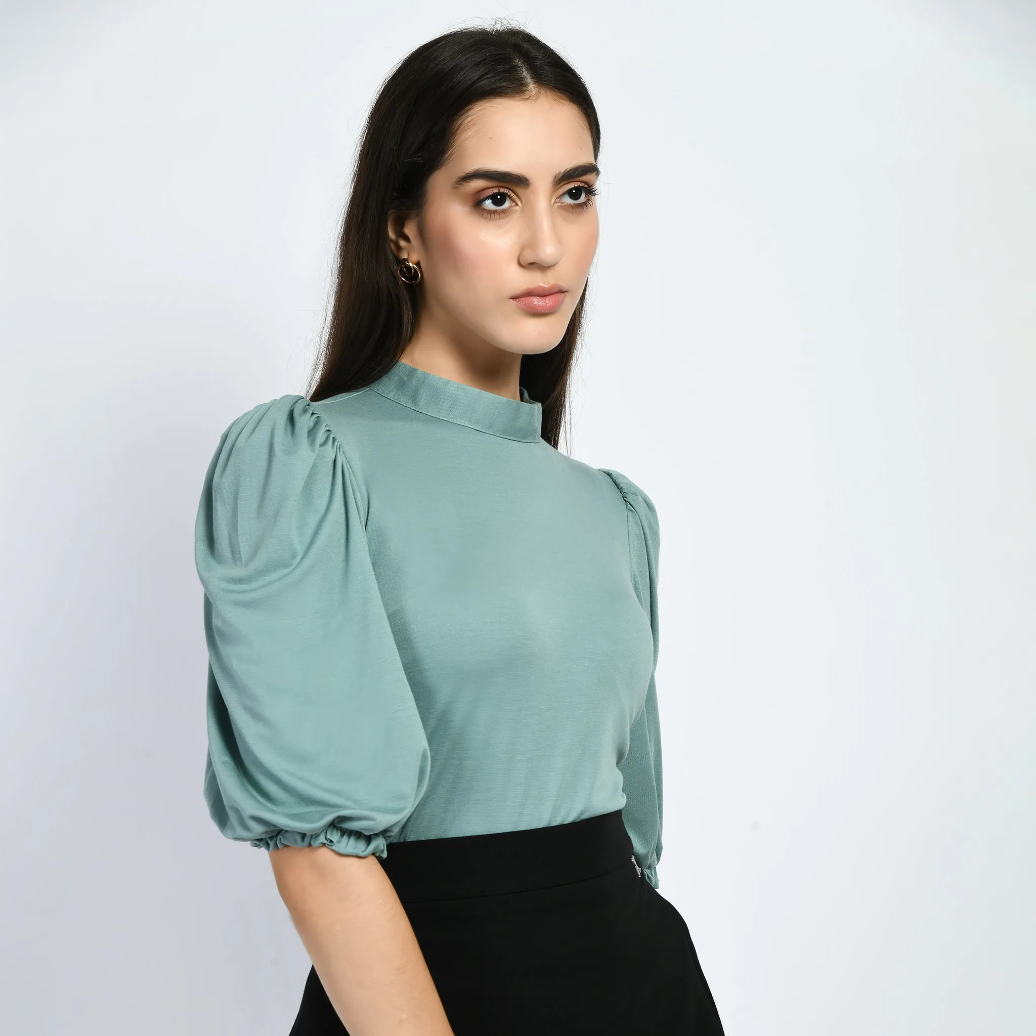 Exude Glamour Puffed Sleeves T-shirt (Cyan Blue)