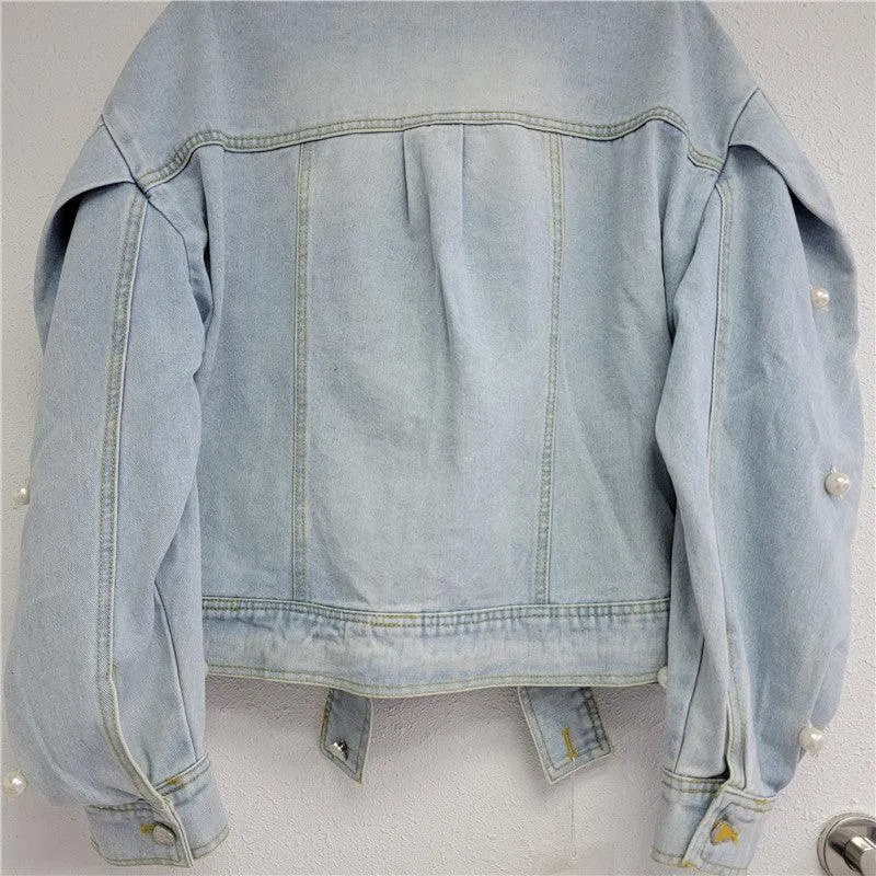 Fashion Design Pearl Denim Coat Loose All-matching