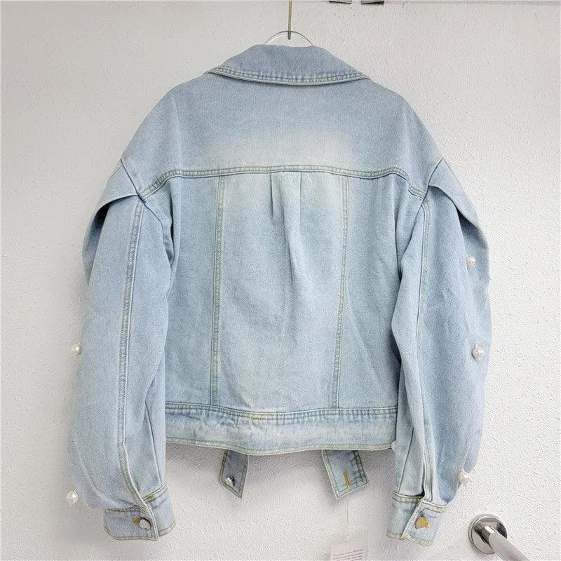 Fashion Design Pearl Denim Coat Loose All-matching