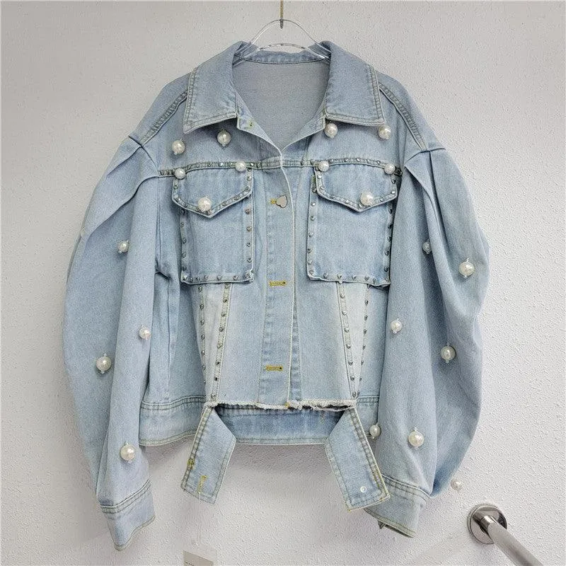 Fashion Design Pearl Denim Coat Loose All-matching