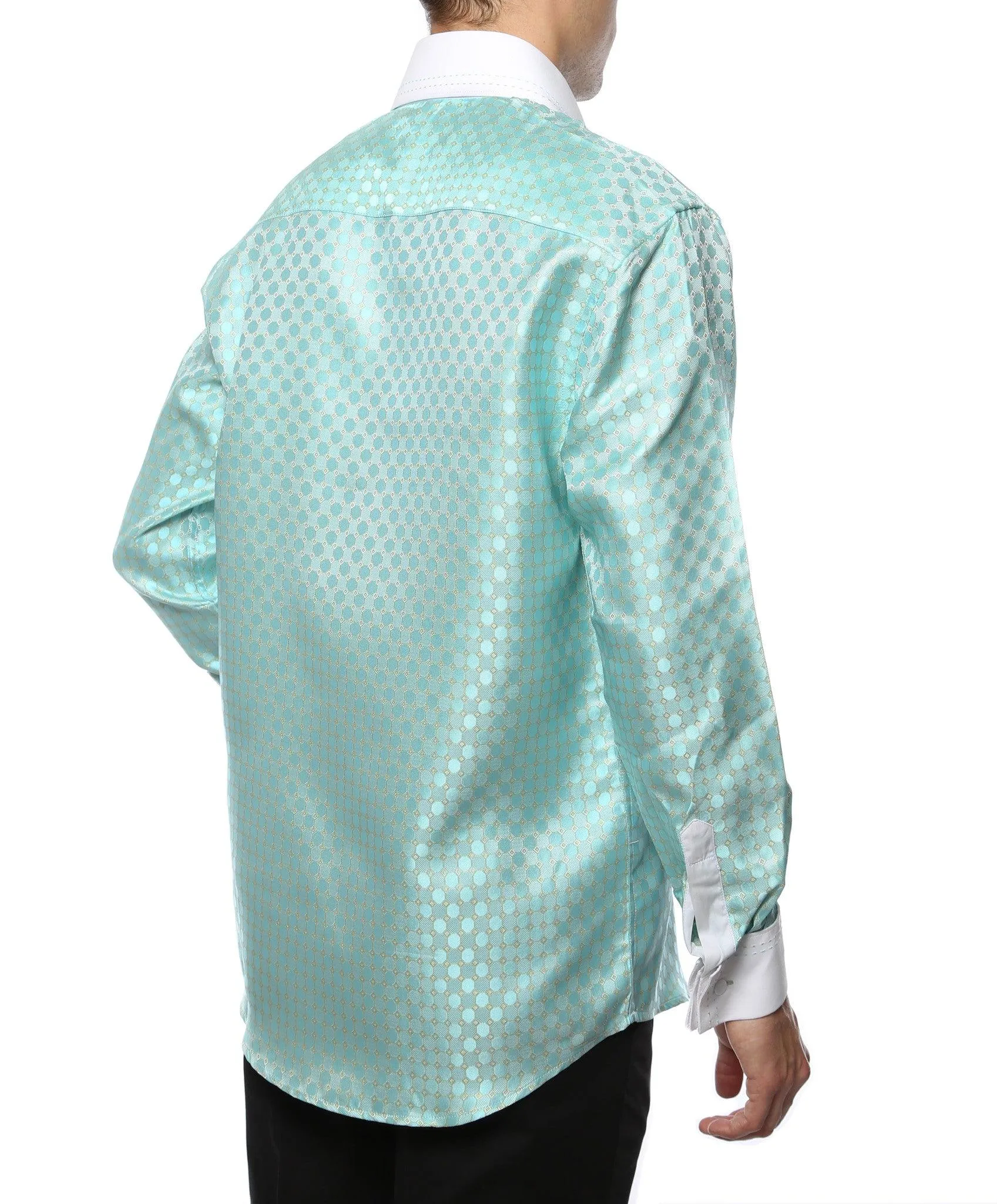 Ferrecci Men's Satine Hi-1004 Turquoise Circle Pattern Button Down Dress Shirt