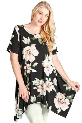 Floral Sharkbite Short Sleeve Tunic, Black