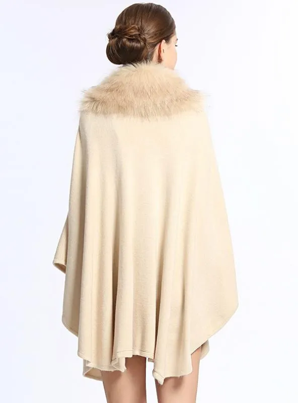 FOX LIKE FUR COLLAR LOOSE KNIT SHAWL CAPE LARGE SIZE