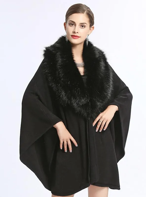 FOX LIKE FUR COLLAR LOOSE KNIT SHAWL CAPE LARGE SIZE