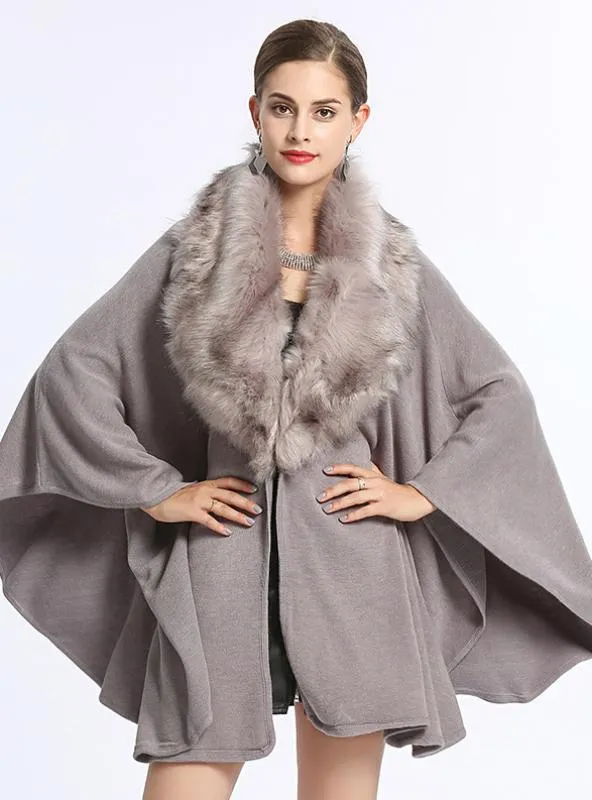 FOX LIKE FUR COLLAR LOOSE KNIT SHAWL CAPE LARGE SIZE