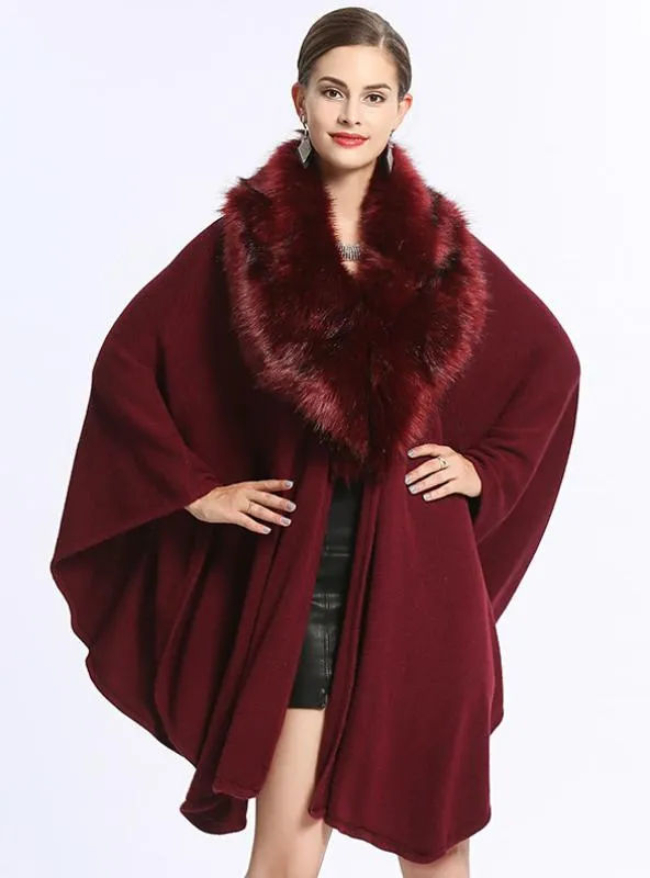 FOX LIKE FUR COLLAR LOOSE KNIT SHAWL CAPE LARGE SIZE