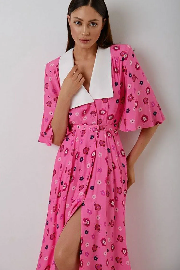 French Spread Collar Short Sleeve Button Down Floral Midi Dress - Pink