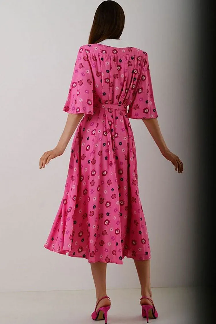 French Spread Collar Short Sleeve Button Down Floral Midi Dress - Pink