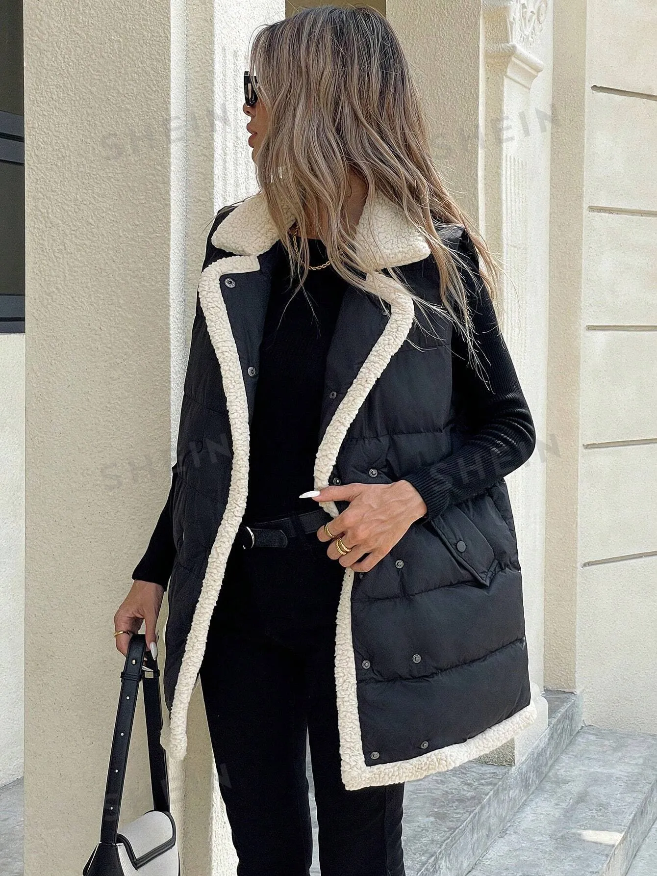 Frenchy Women Color Block Front Button Placket Sleeveless Pockets Casual Padded Coat Fashionable Casual Geometric Quilted Long Sleeve Jacket With Pockets