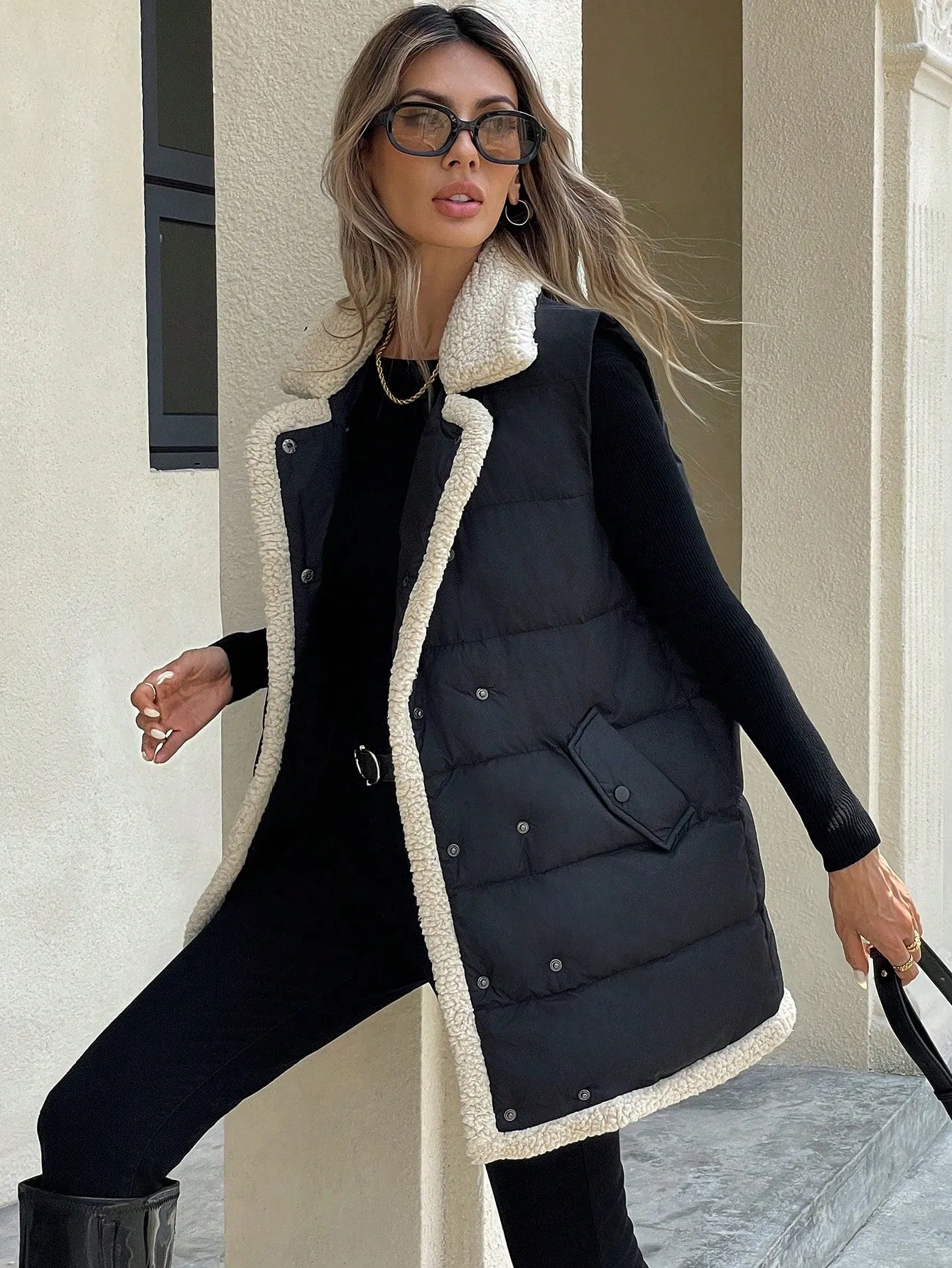 Frenchy Women Color Block Front Button Placket Sleeveless Pockets Casual Padded Coat Fashionable Casual Geometric Quilted Long Sleeve Jacket With Pockets