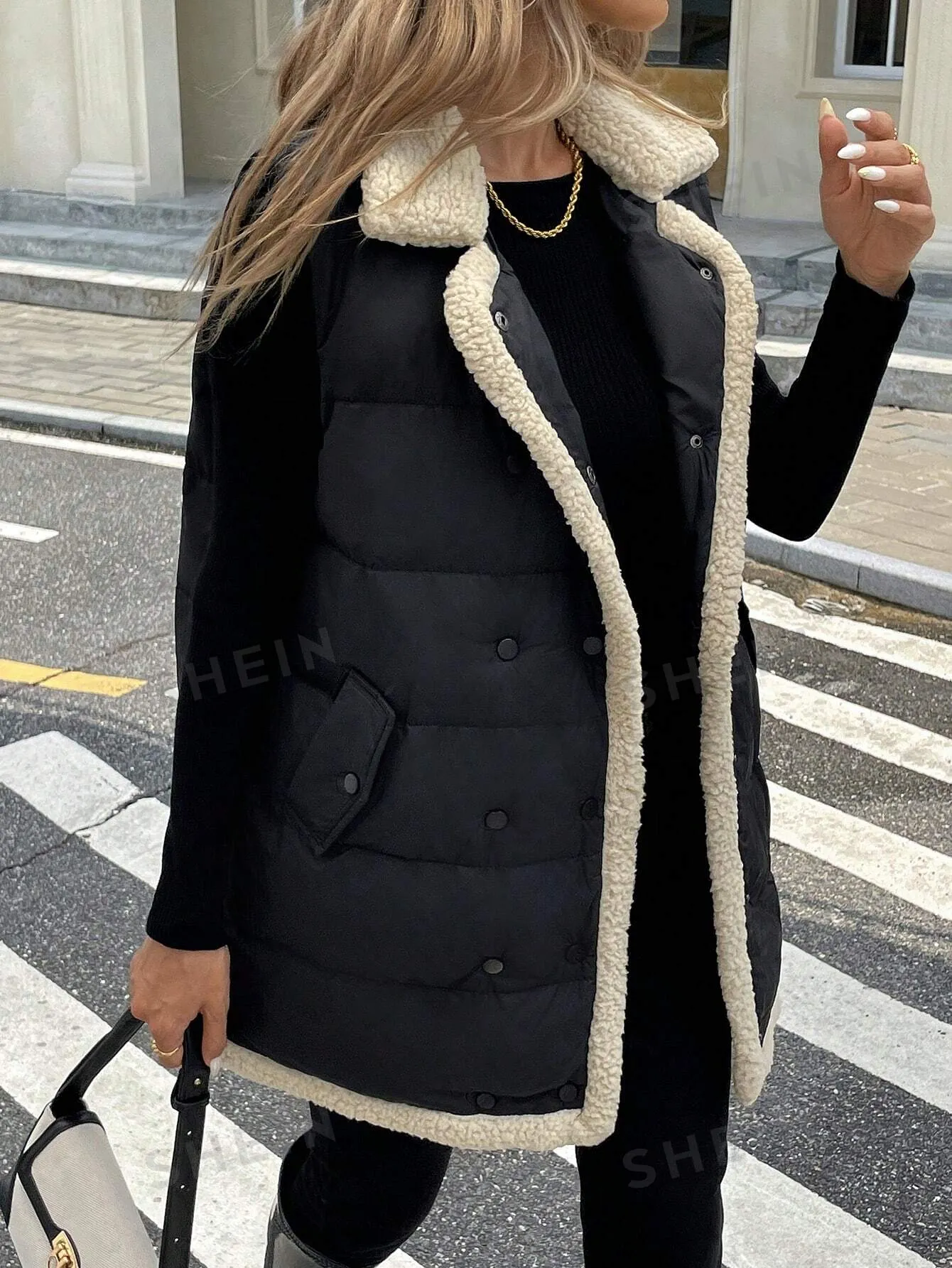 Frenchy Women Color Block Front Button Placket Sleeveless Pockets Casual Padded Coat Fashionable Casual Geometric Quilted Long Sleeve Jacket With Pockets