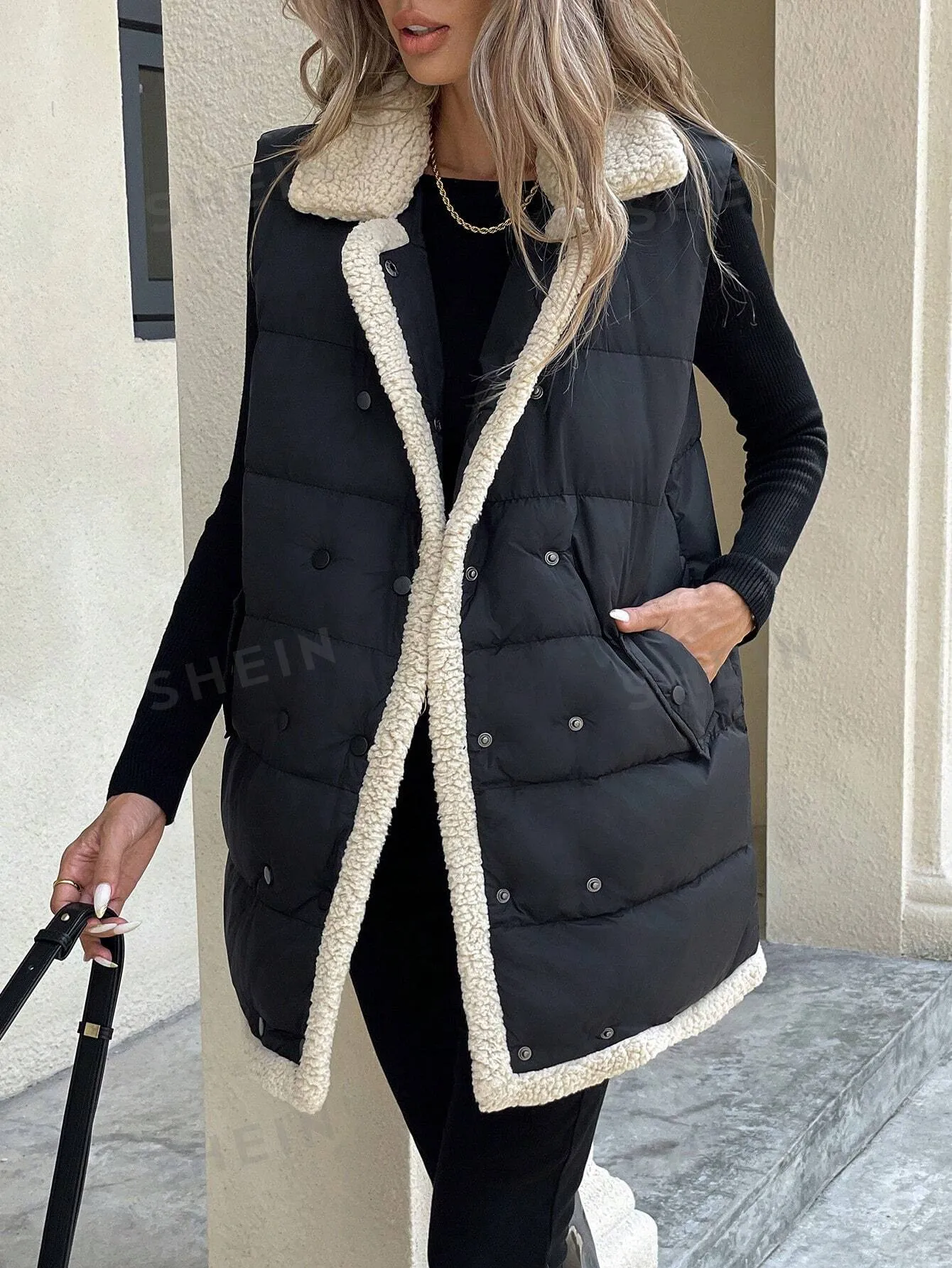 Frenchy Women Color Block Front Button Placket Sleeveless Pockets Casual Padded Coat Fashionable Casual Geometric Quilted Long Sleeve Jacket With Pockets