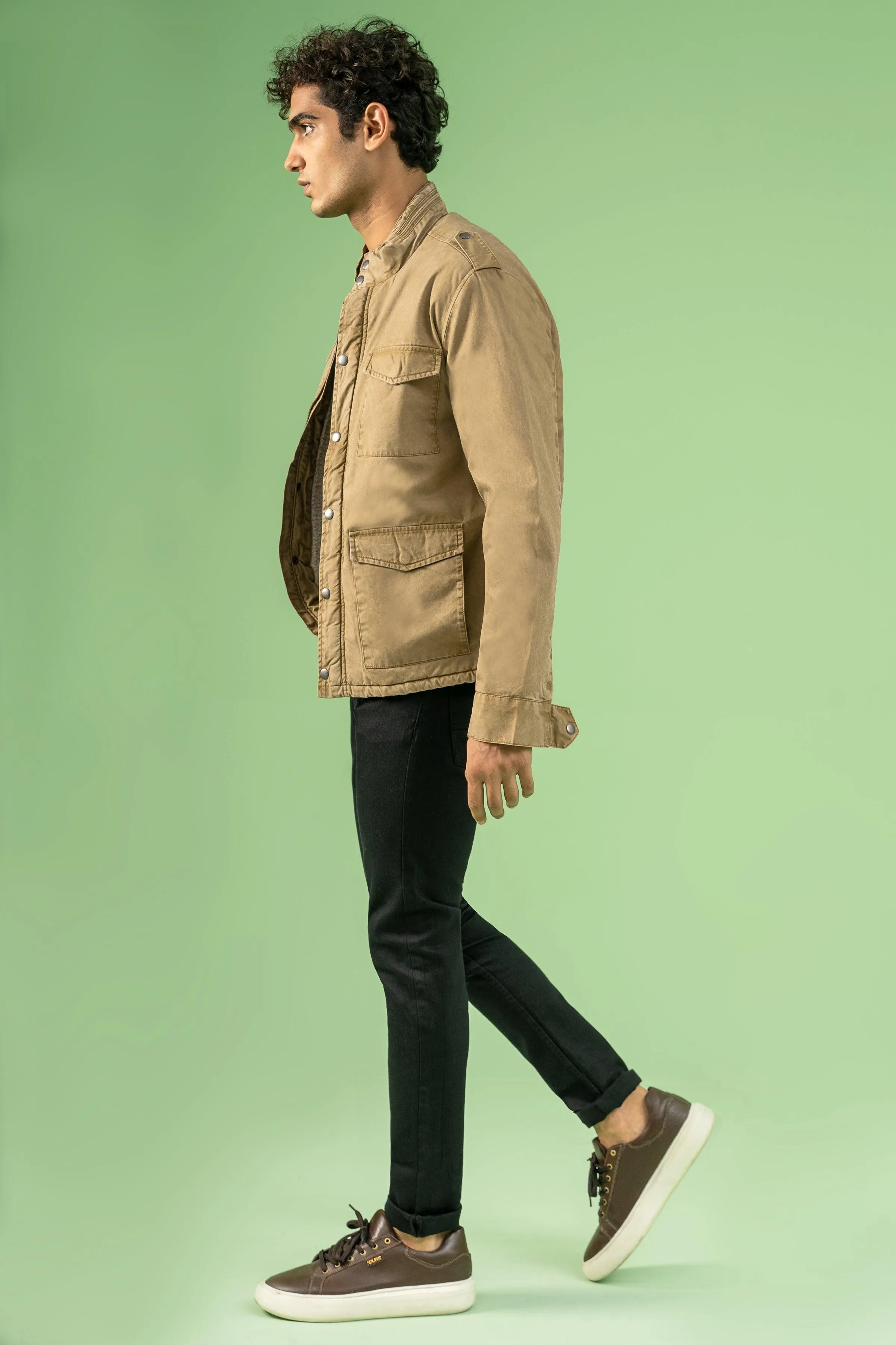 FULL SLEEVE ENZYME WASHED FIELD JACKET DARK KHAKI